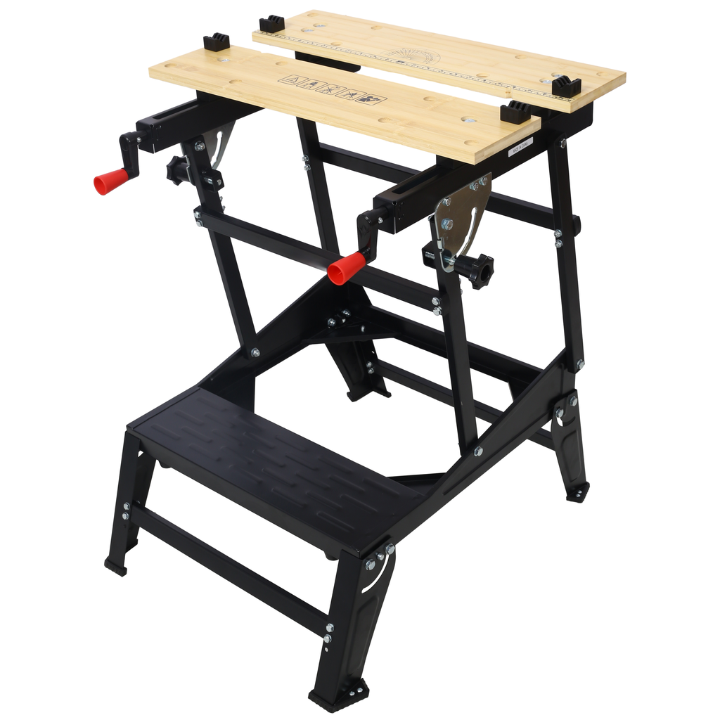 Black metal folding workbench with wooden top and red crank handles