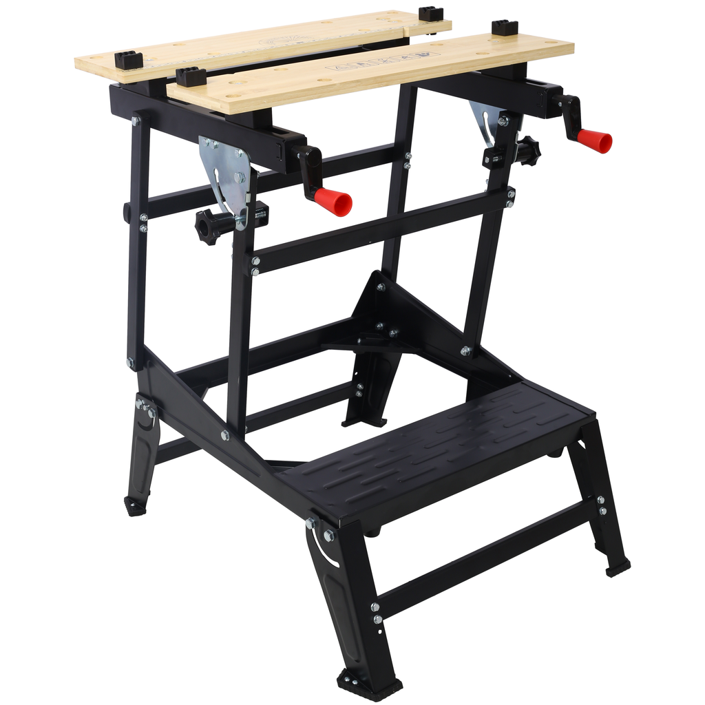 Black metal foldable workbench with wooden top and red crank handles for workshop use