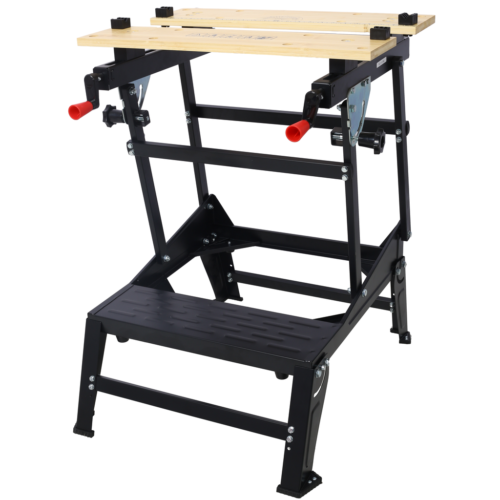Black metal workbench with wooden top and red handles