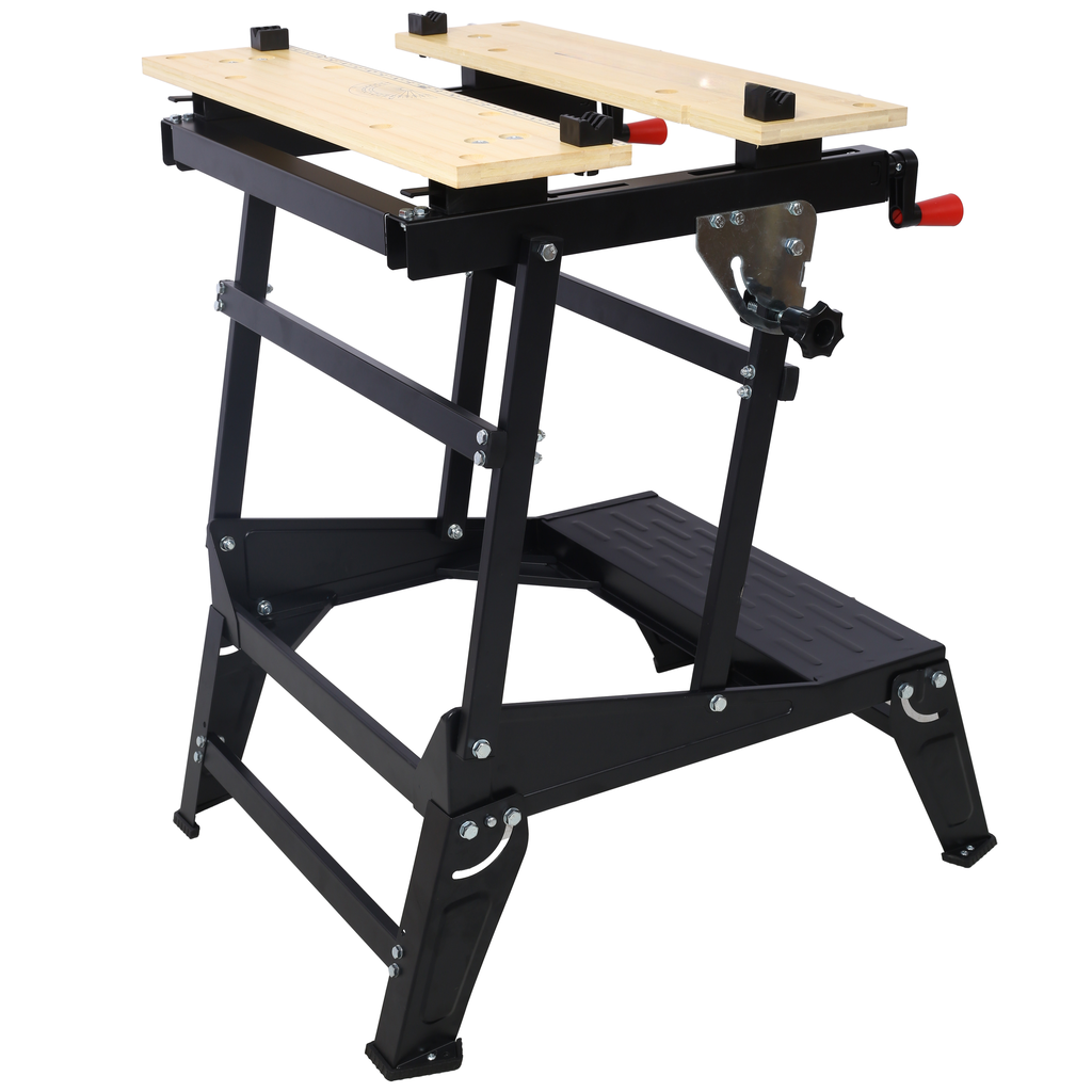 Black metal folding workbench with wooden top and red crank handle