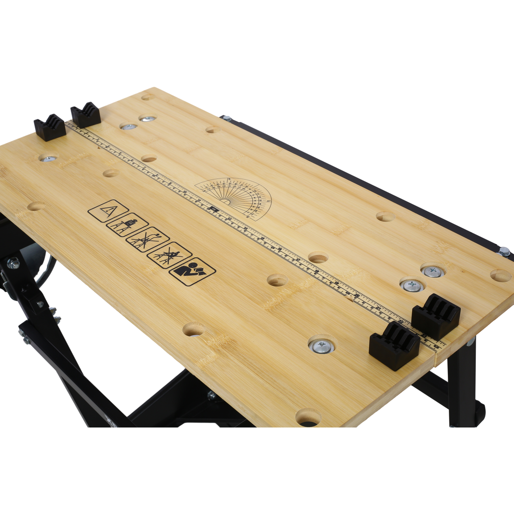 Bamboo workbench surface with builtin ruler and protractor for woodworking accuracy