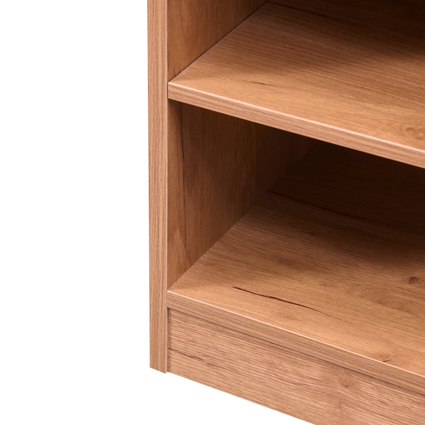 Warm oak effect bedside cabinet with one drawer and open shelf