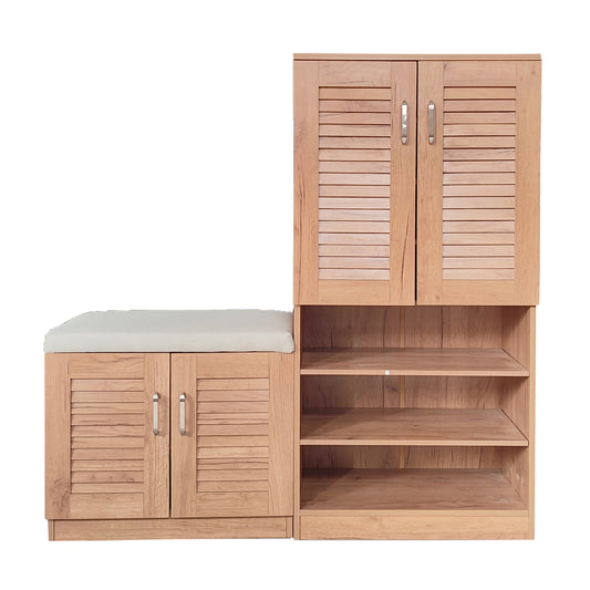 Light oak shoe cabinet with slatted doors and padded bench ideal for entryway storage