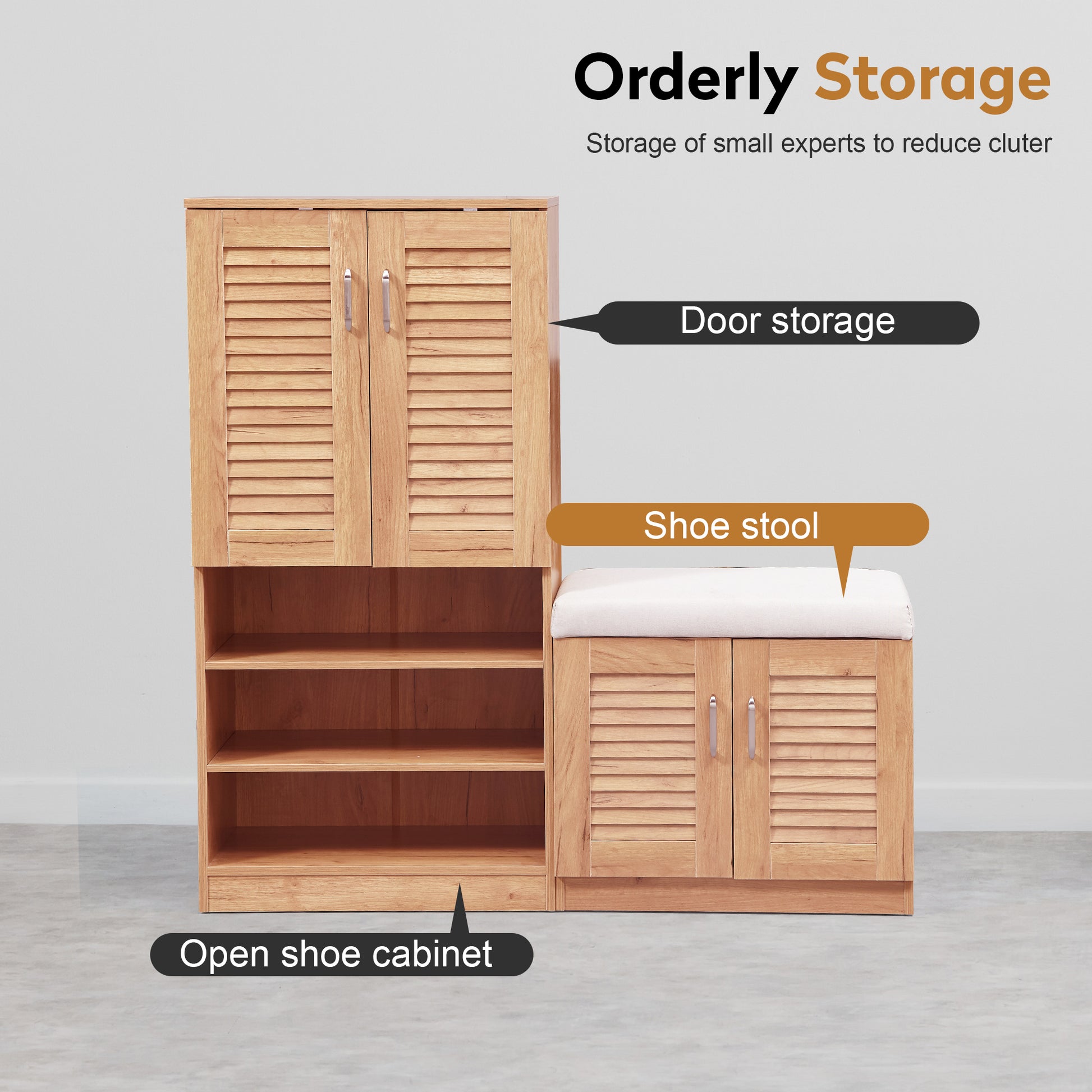 Wooden shoe storage cabinet with louvered doors and open shelving