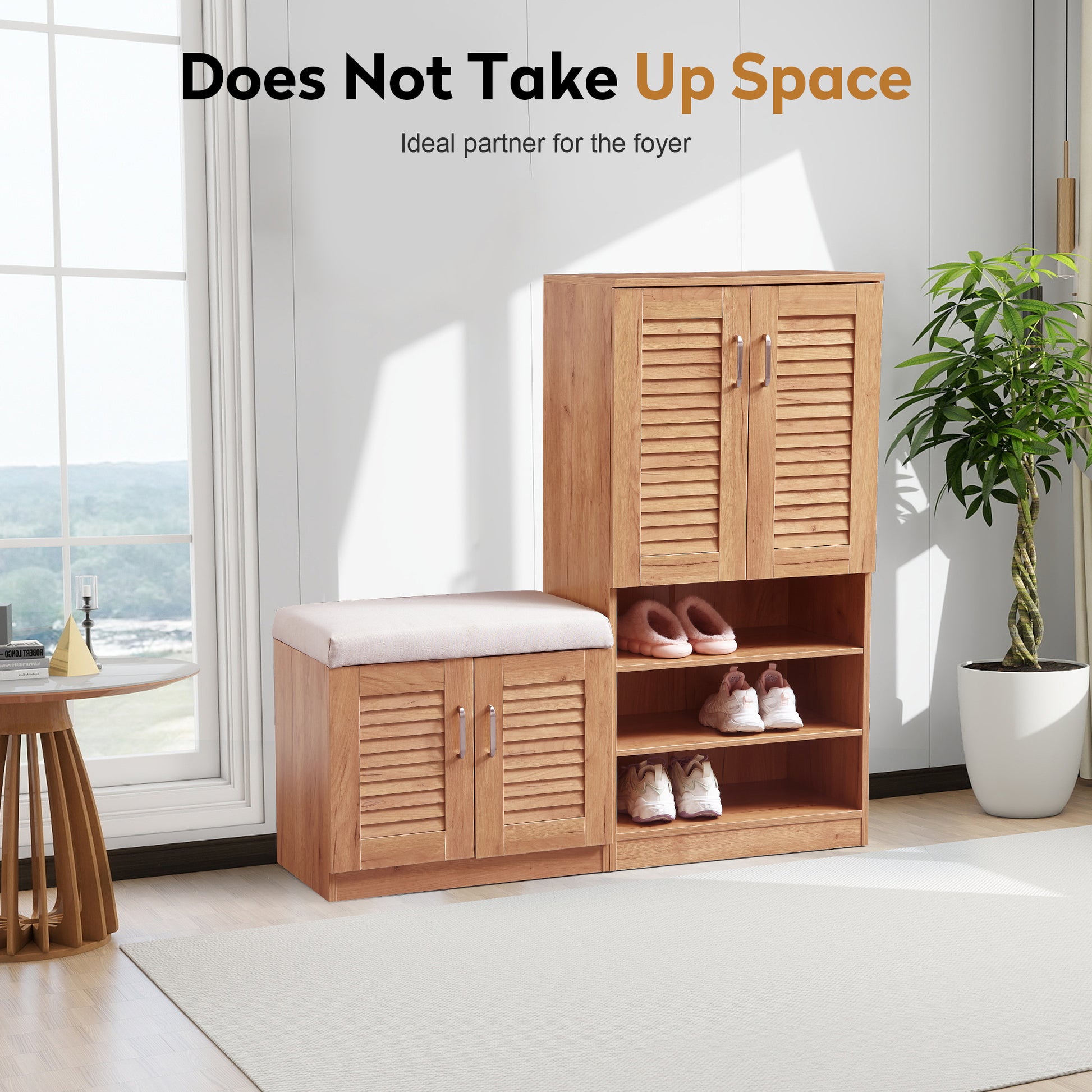Compact oak shoe cabinet with cushioned bench ideal for entryway organization
