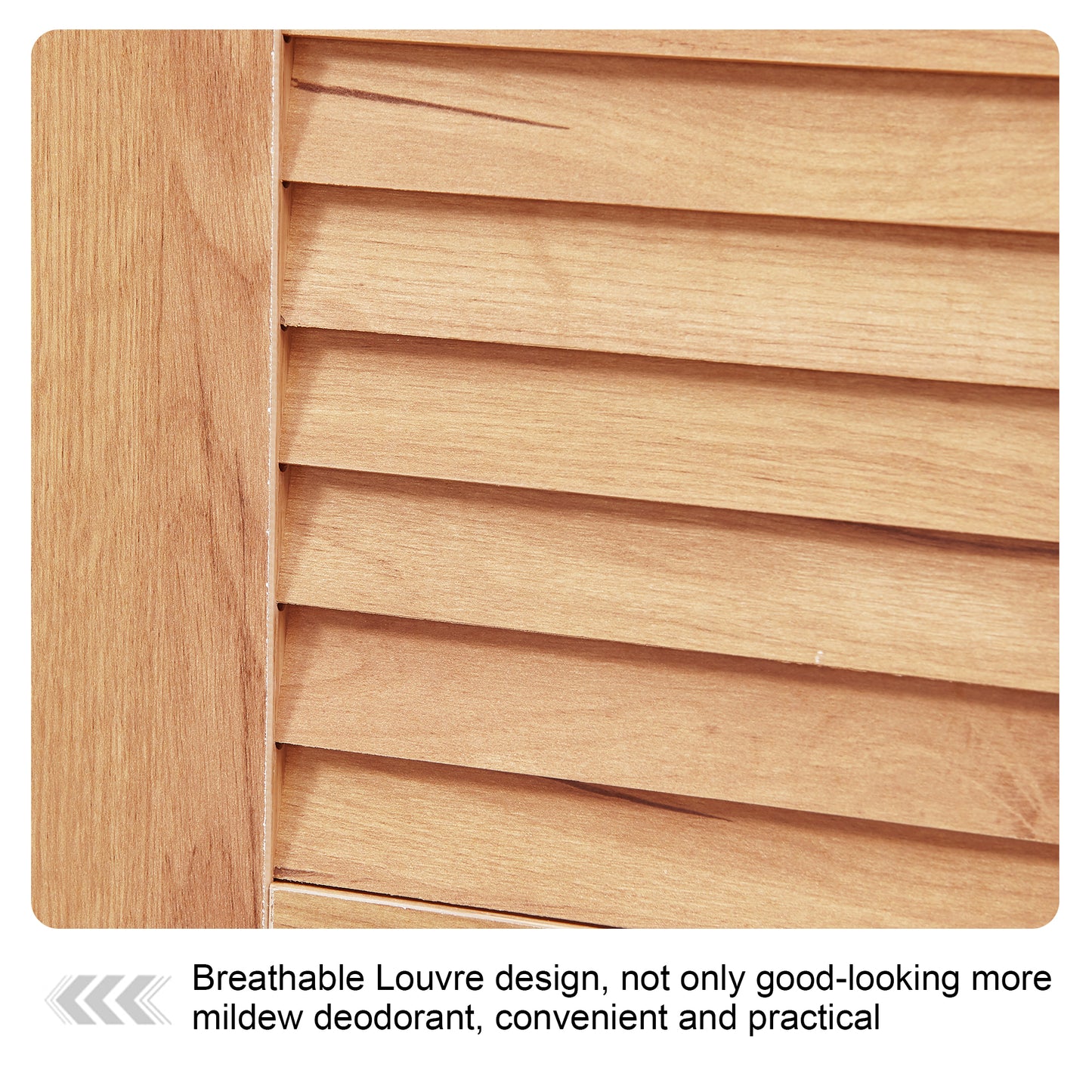 Closeup of natural wood grain on a breathable louver door panel