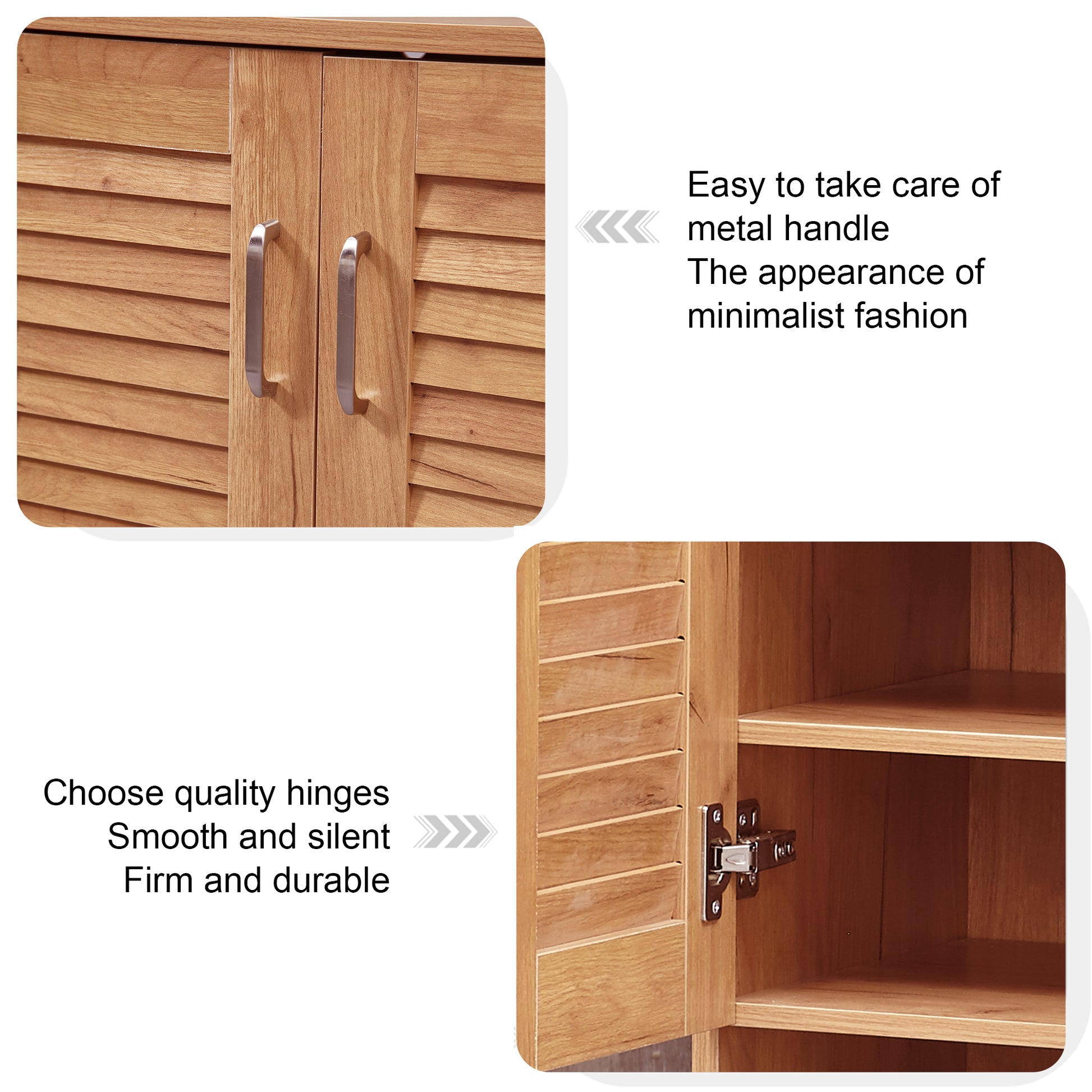 Wooden cabinet with slatted doors and brushed metal handles for minimalist storage