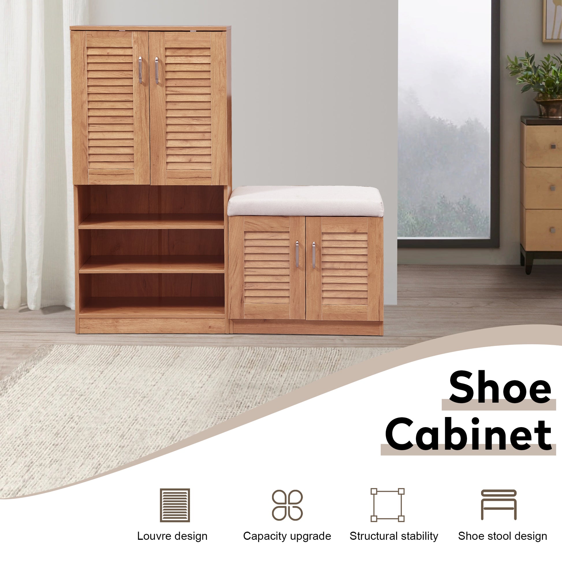 Natural wood shoe cabinet with louvered doors and open shelving for entryway storage