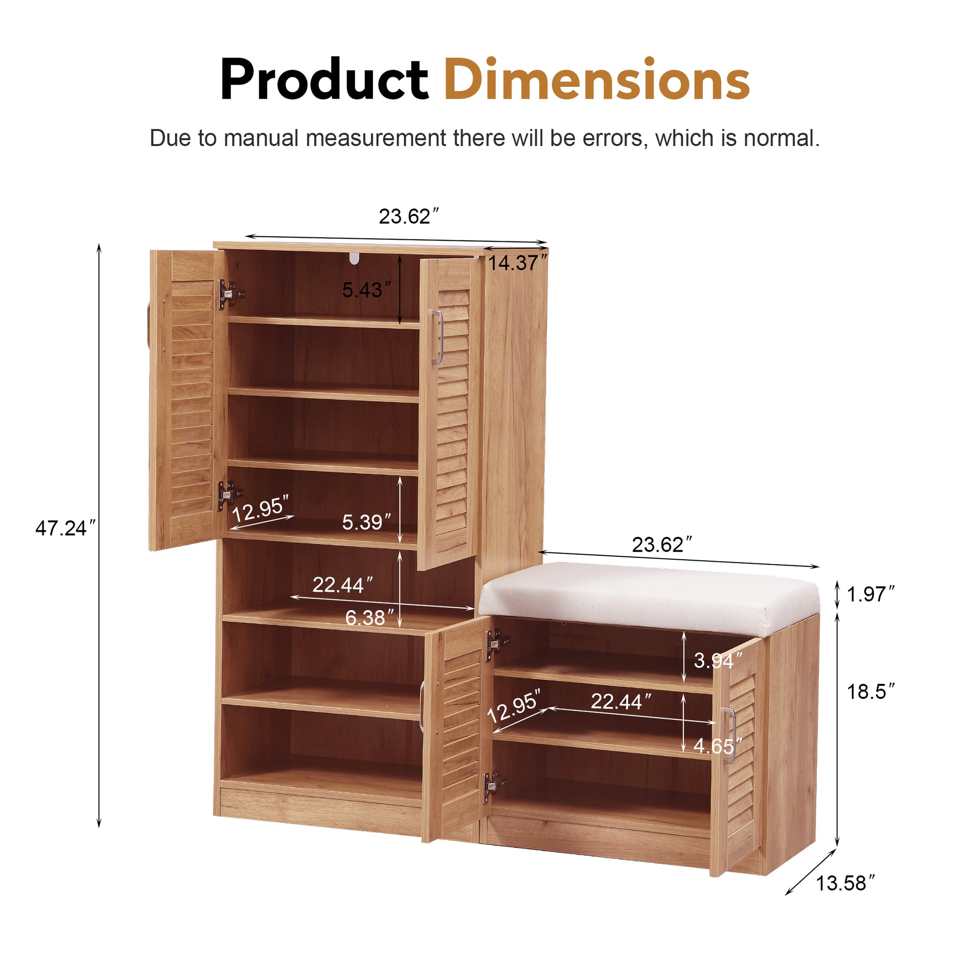 Wooden shoe rack with bench and multiple shelves  H