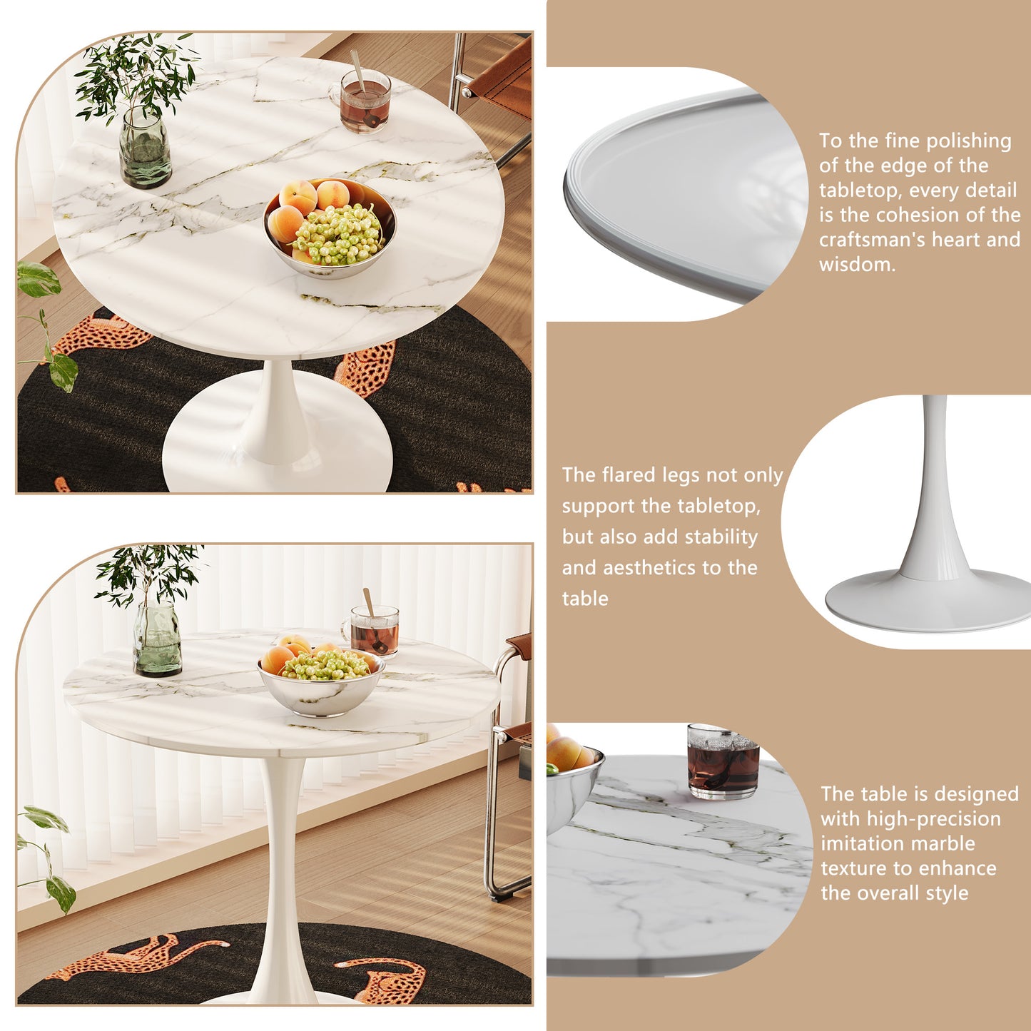 White round dining table with faux marble top and pedestal base