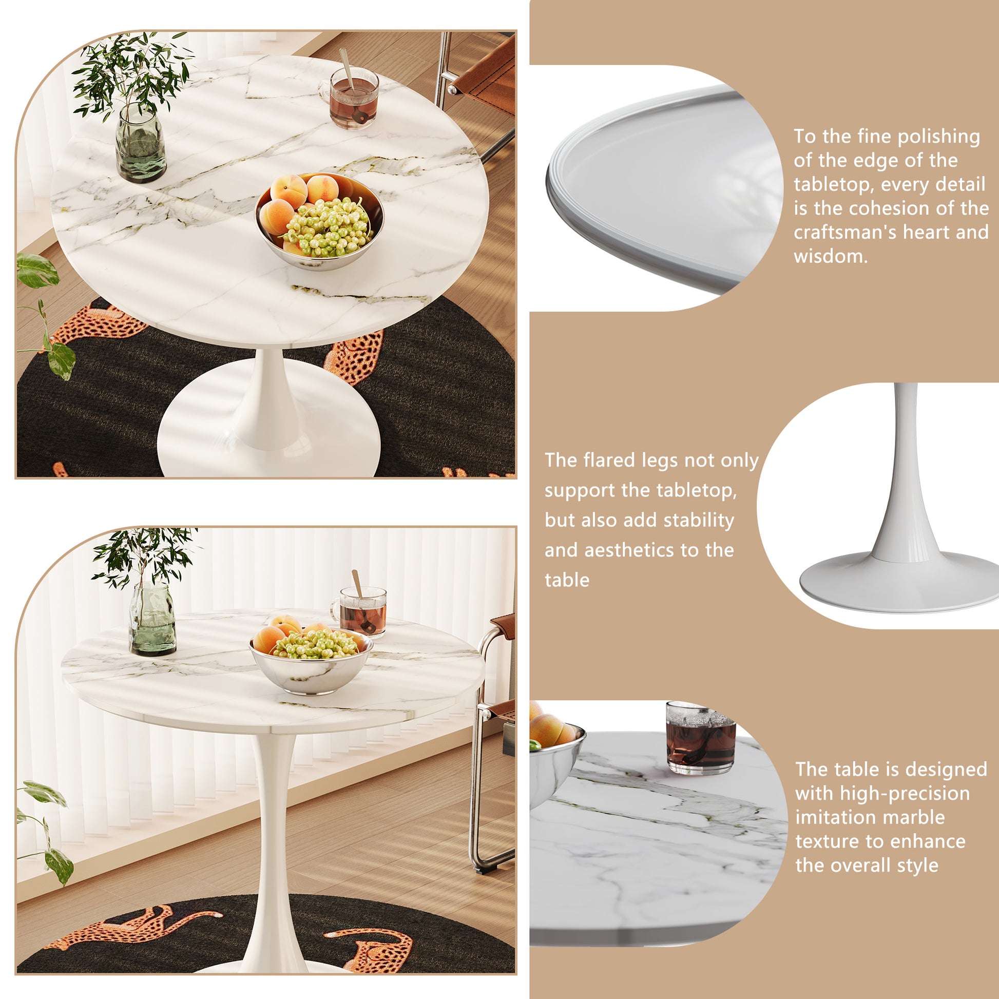 White round dining table with faux marble top and pedestal base