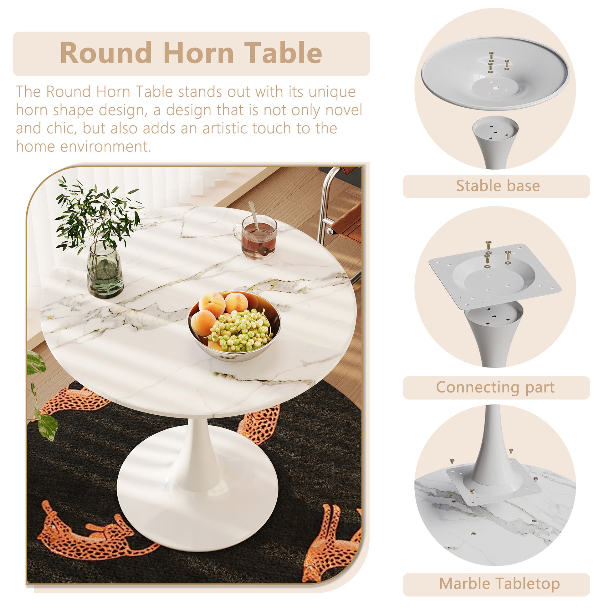White marble round horn table with a unique stem base ideal for modern dining