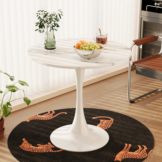 Round area rug featuring a black background with scattered playful leopard print designs