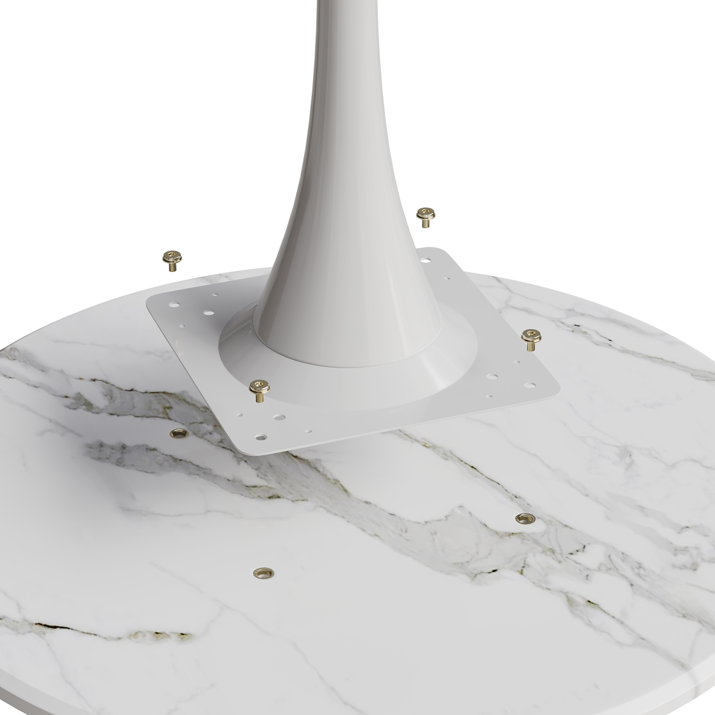 White tulip table base with mounting screws on marble top