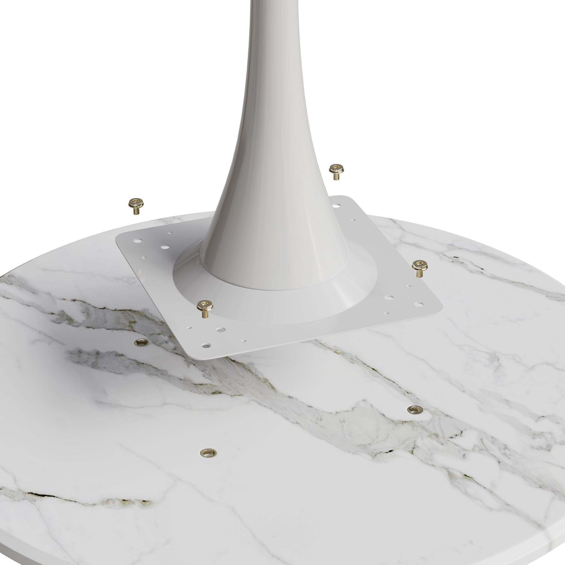 White tulip table base with mounting screws on marble top