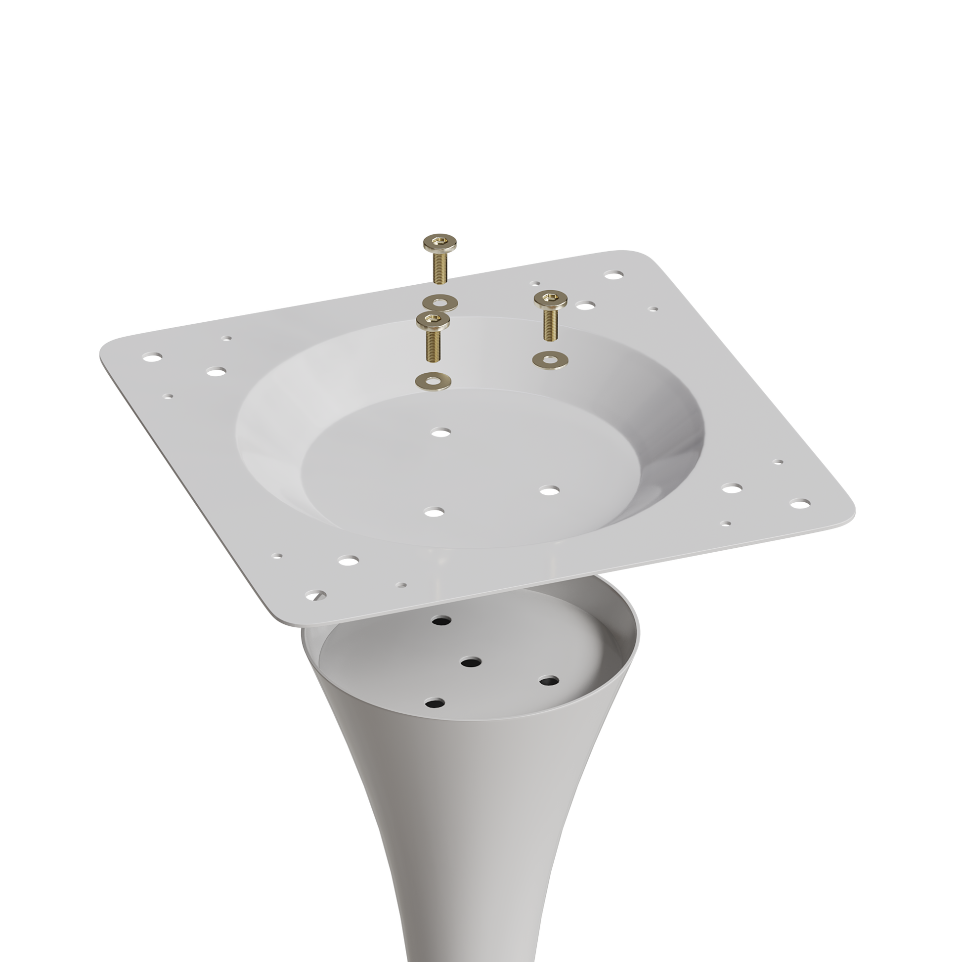 White metal mounting plate with brass screws and washers part of a lamp base assembly