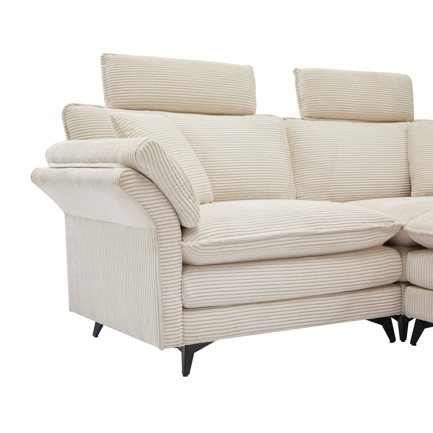 Cream corduroy sectional sofa with adjustable headrests and plush seating