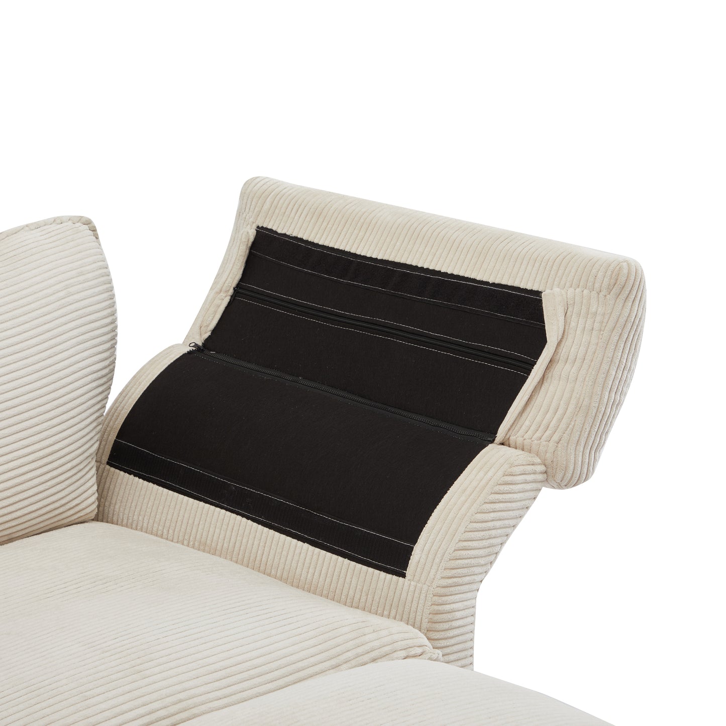 Closeup view of a cream corduroy sofa with visible zippers on the back cushion highlighting its construction details