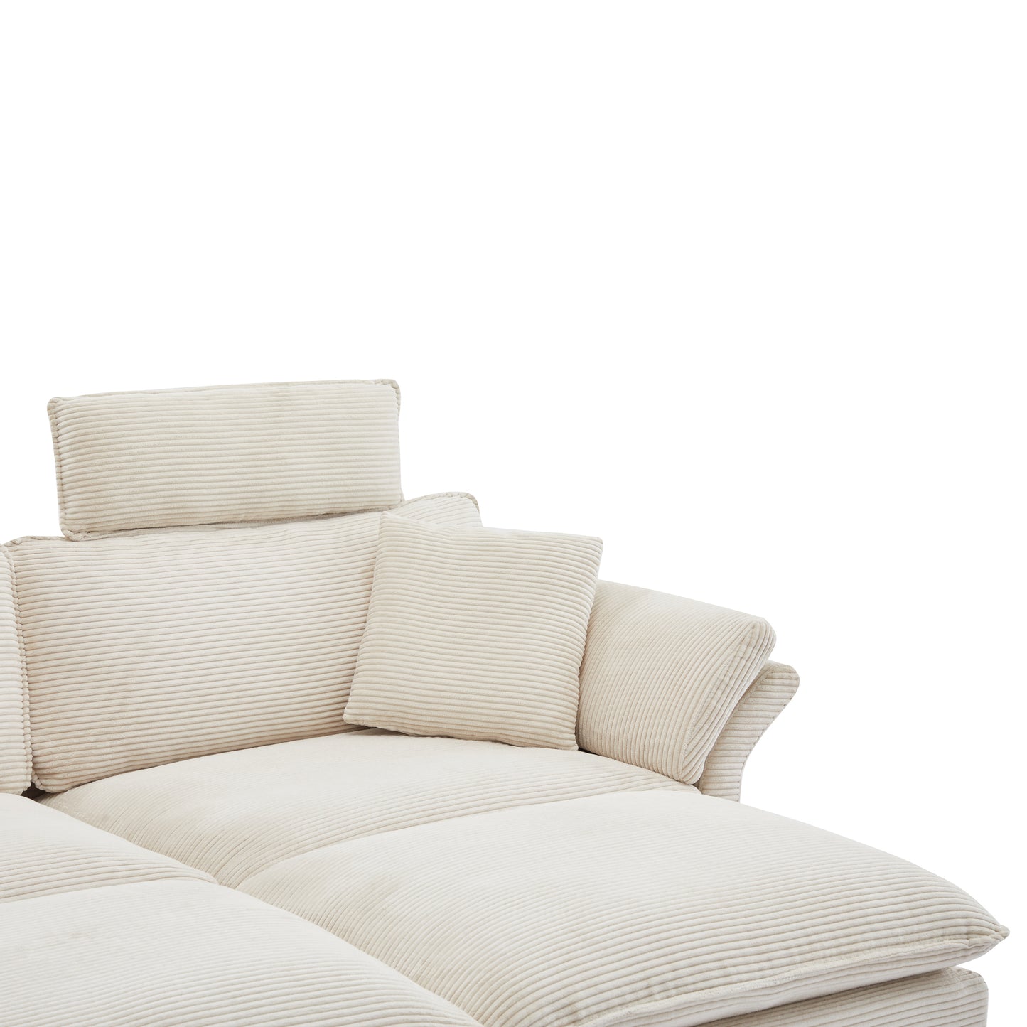 Cream corduroy sectional sofa with plush pillows and adjustable headrests