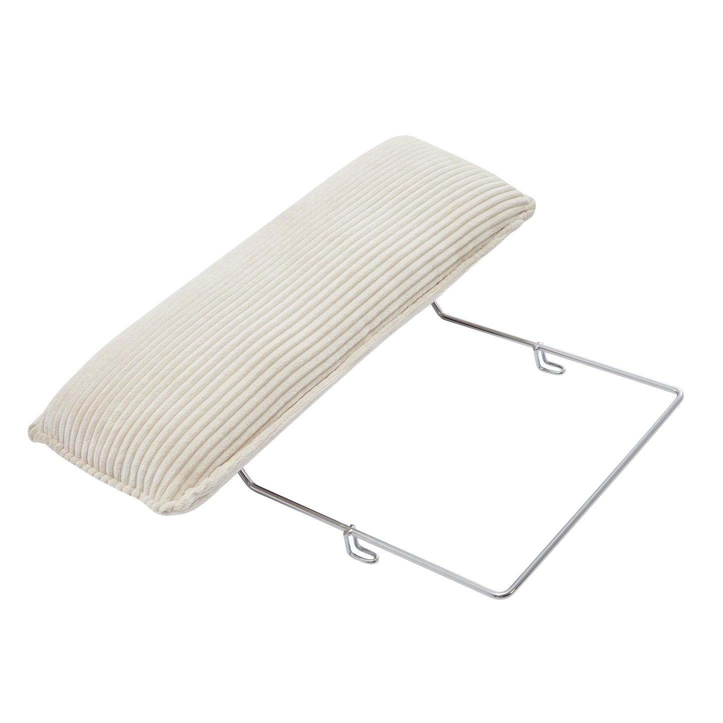 Beige corduroy armrest pillow on chrome stand for nail technician comfort