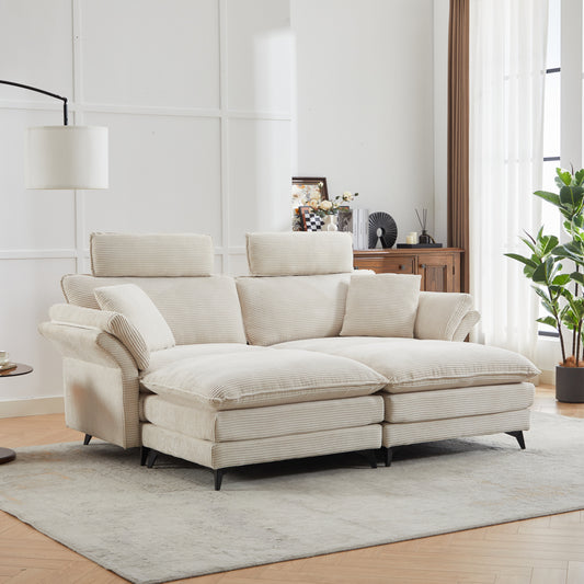 Plush beige corduroy sectional sofa with adjustable headrests and deep seats for comfortable lounging