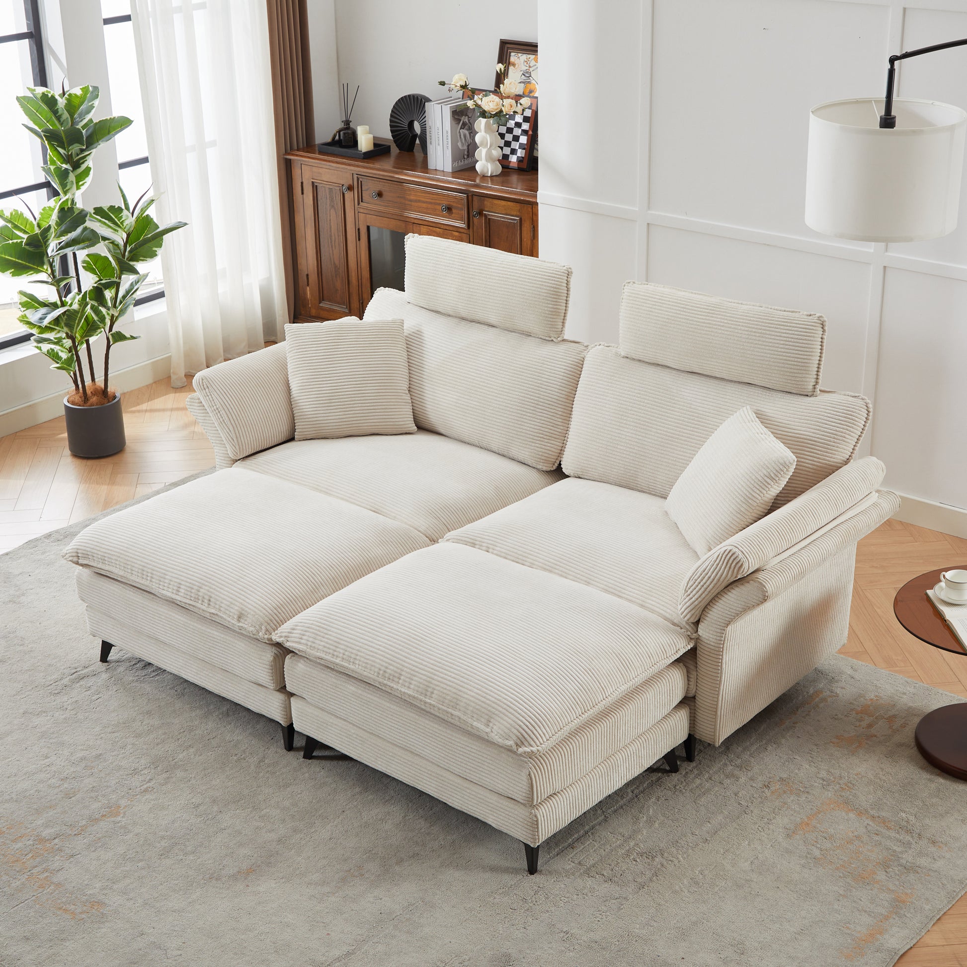 Cream corduroy sectional sofa with plush cushions and adjustable headrests perfect for modern living rooms