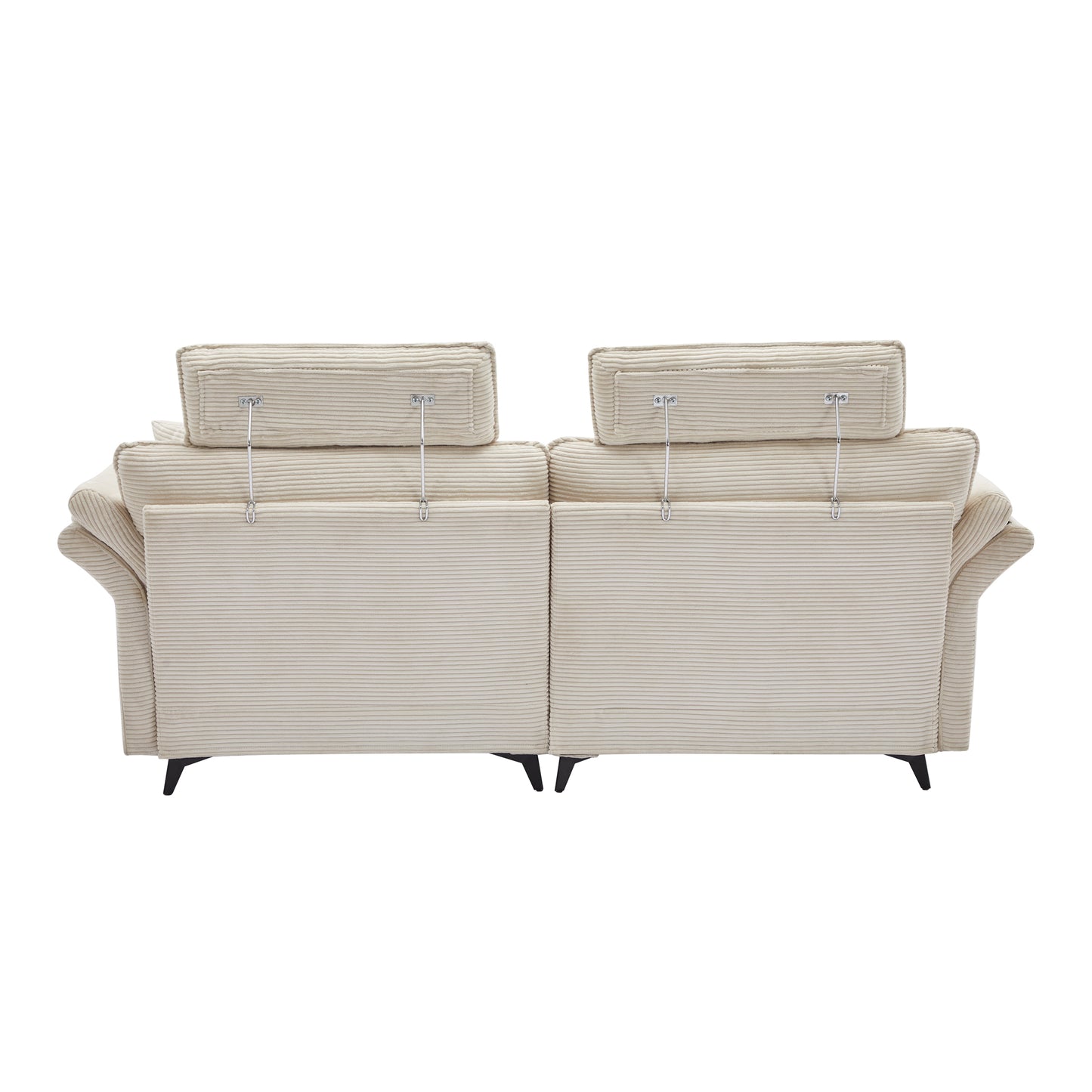 Beige corduroy sofa with adjustable headrests and black tapered legs