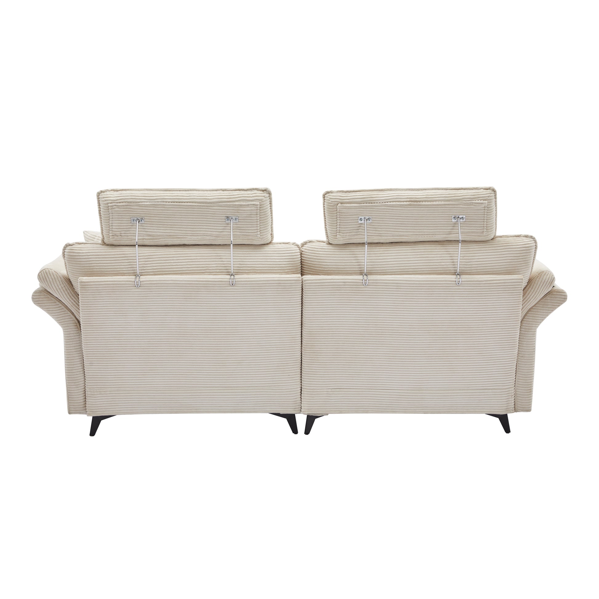 Beige corduroy sofa with adjustable headrests and black tapered legs