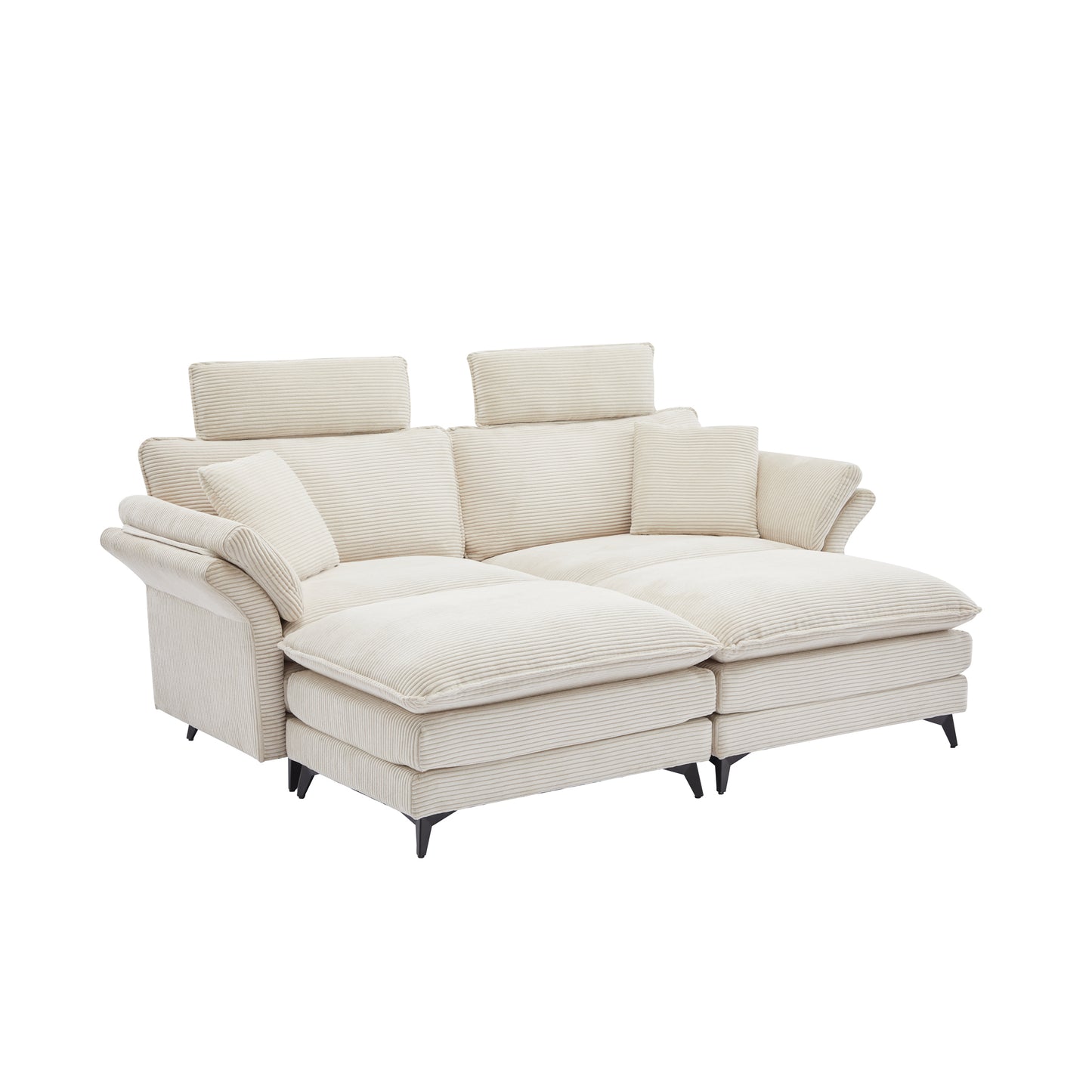 Cream corduroy sectional sofa with adjustable headrests and plush cushions