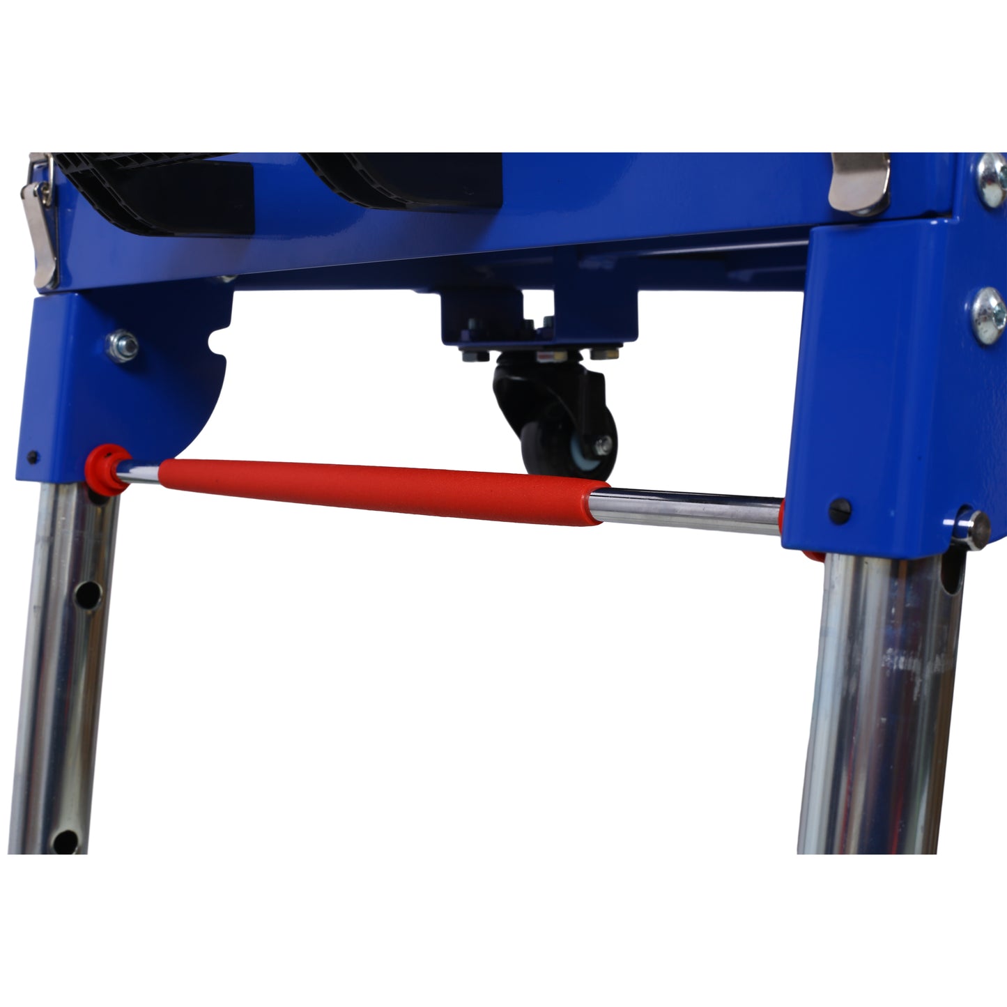 Closeup of blue metal frame with red handle and caster wheel