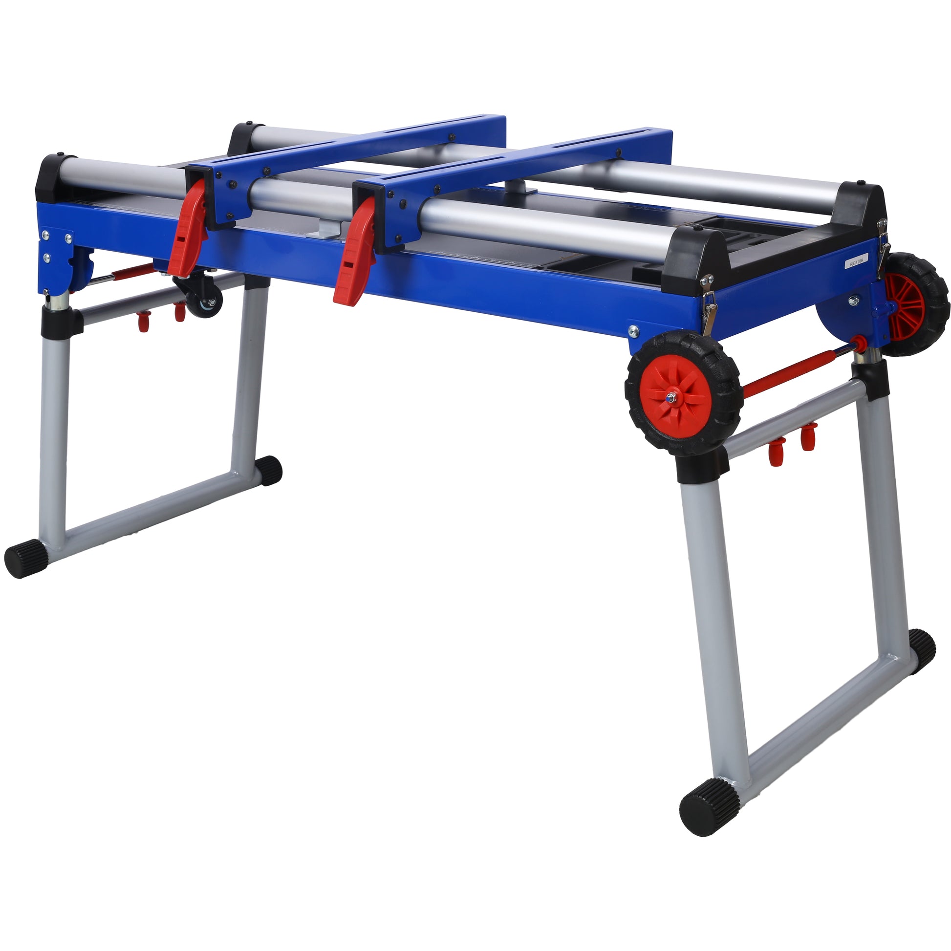 Blue and silver portable miter saw stand with red accents and wheels