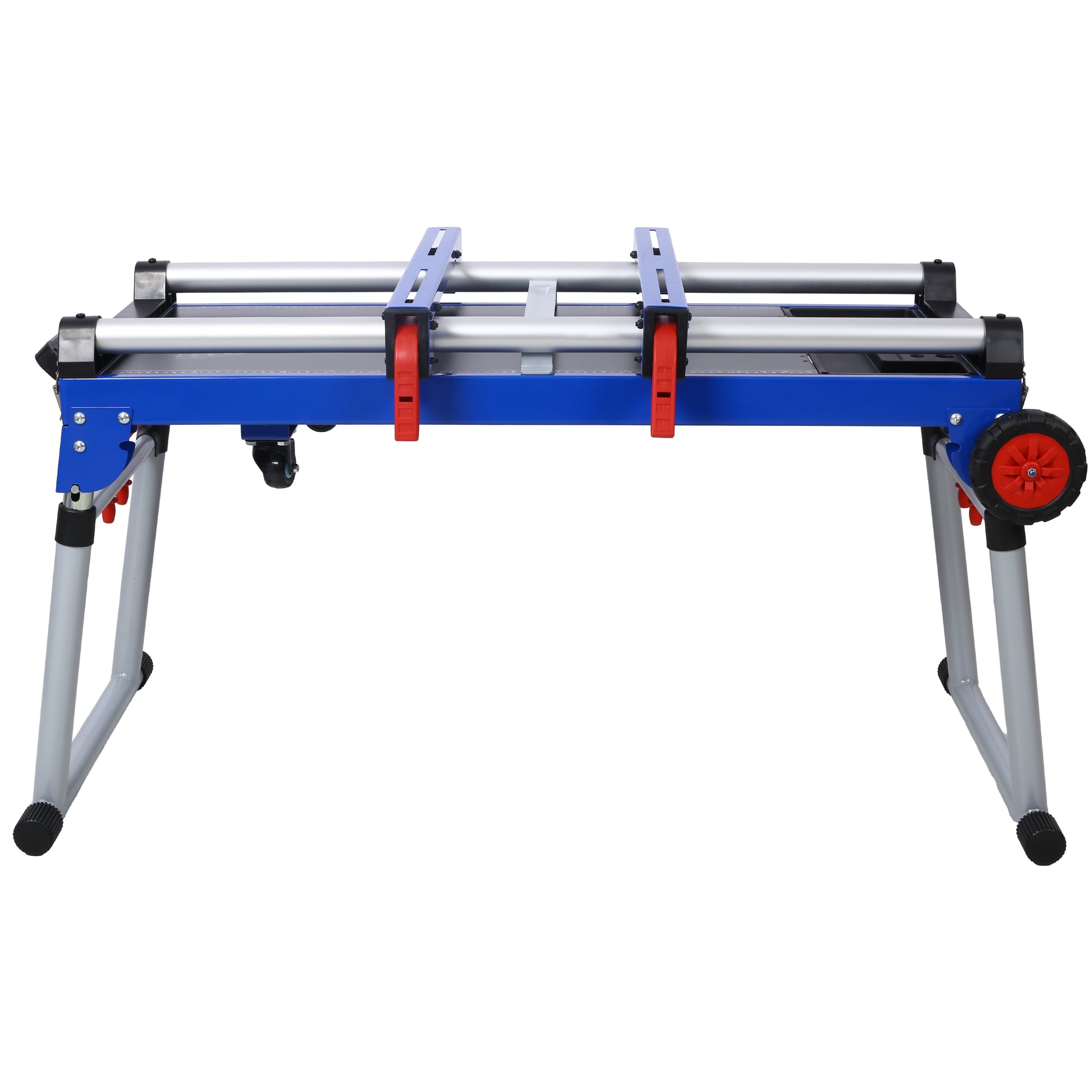 Blue and silver metal saw stand with wheels and adjustable height supports