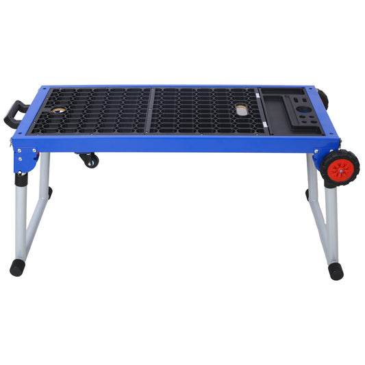Blue rolling creeper seat with integrated tool tray and large wheels for workshop use