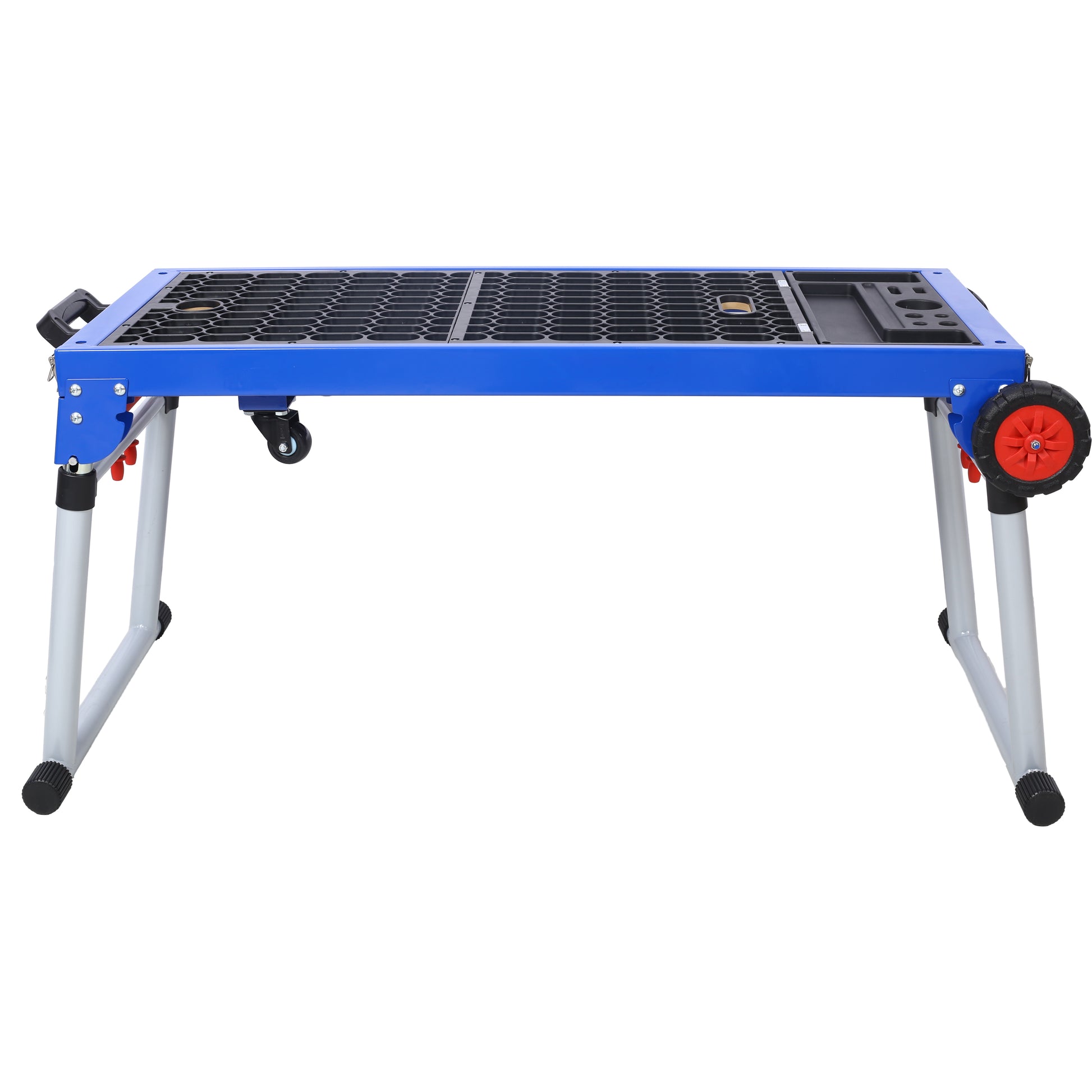 Blue portable workbench with wheels and storage tray for woodworking projects