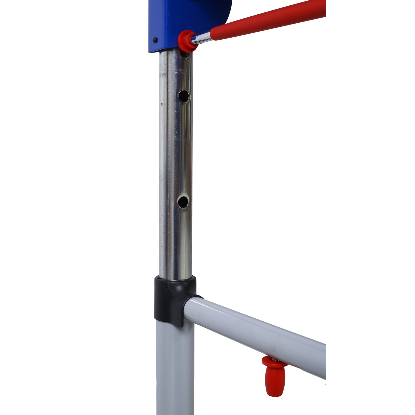 Blue and red foosball table player rod with metallic pole and red grip