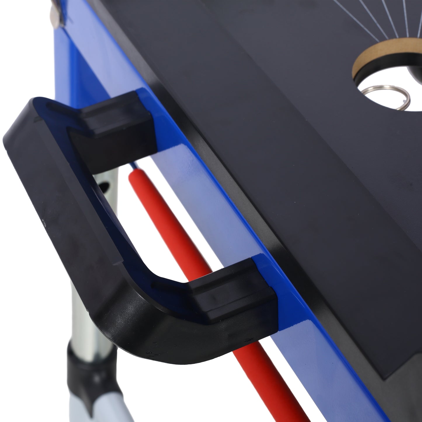 Blue and black cornhole board with a red support rod and black handle