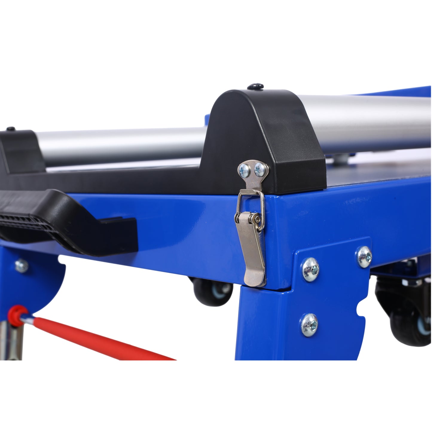 Blue metal frame of a portable saw stand with black clamp and wheels