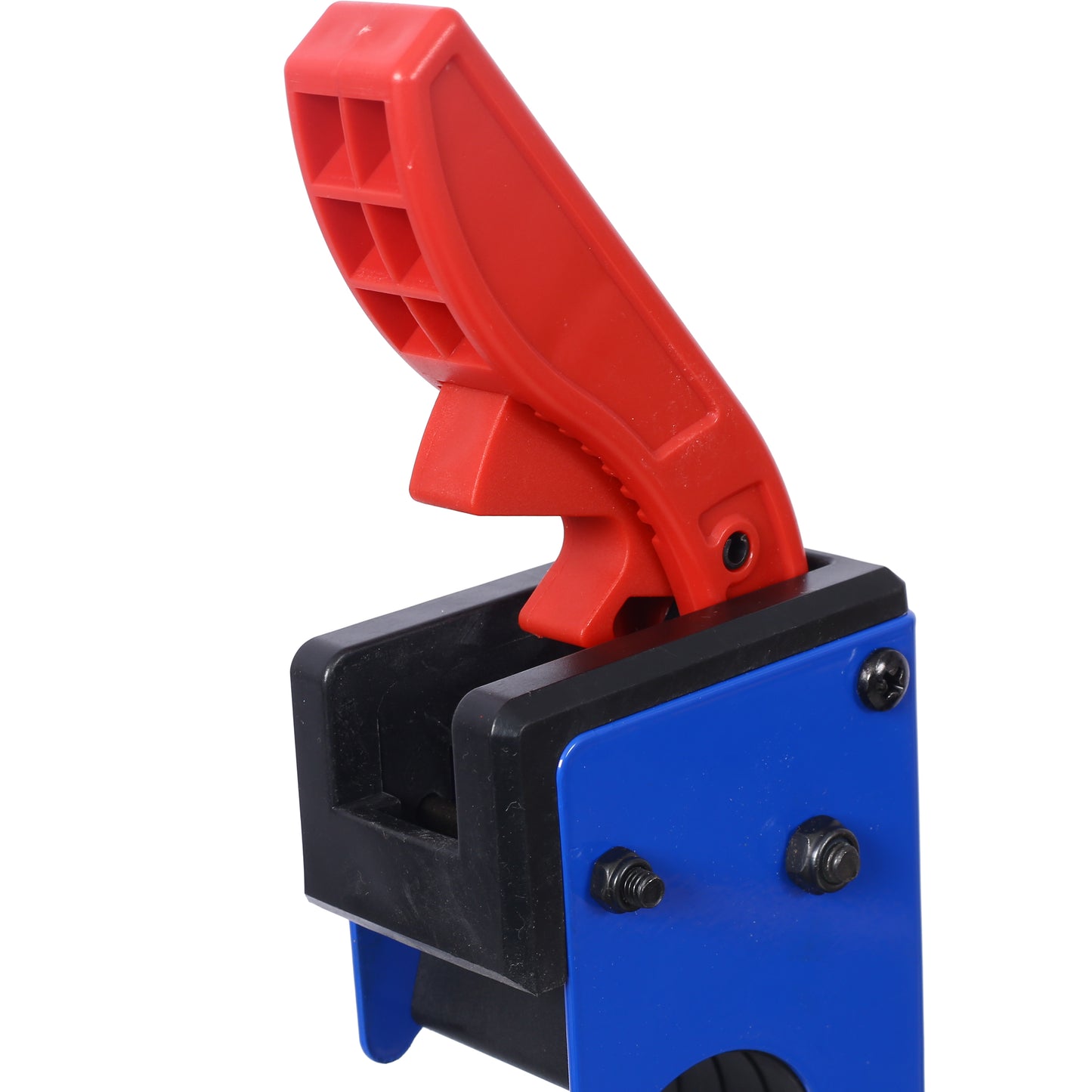 Closeup of a red plastic lever mechanism on a blue metal tool