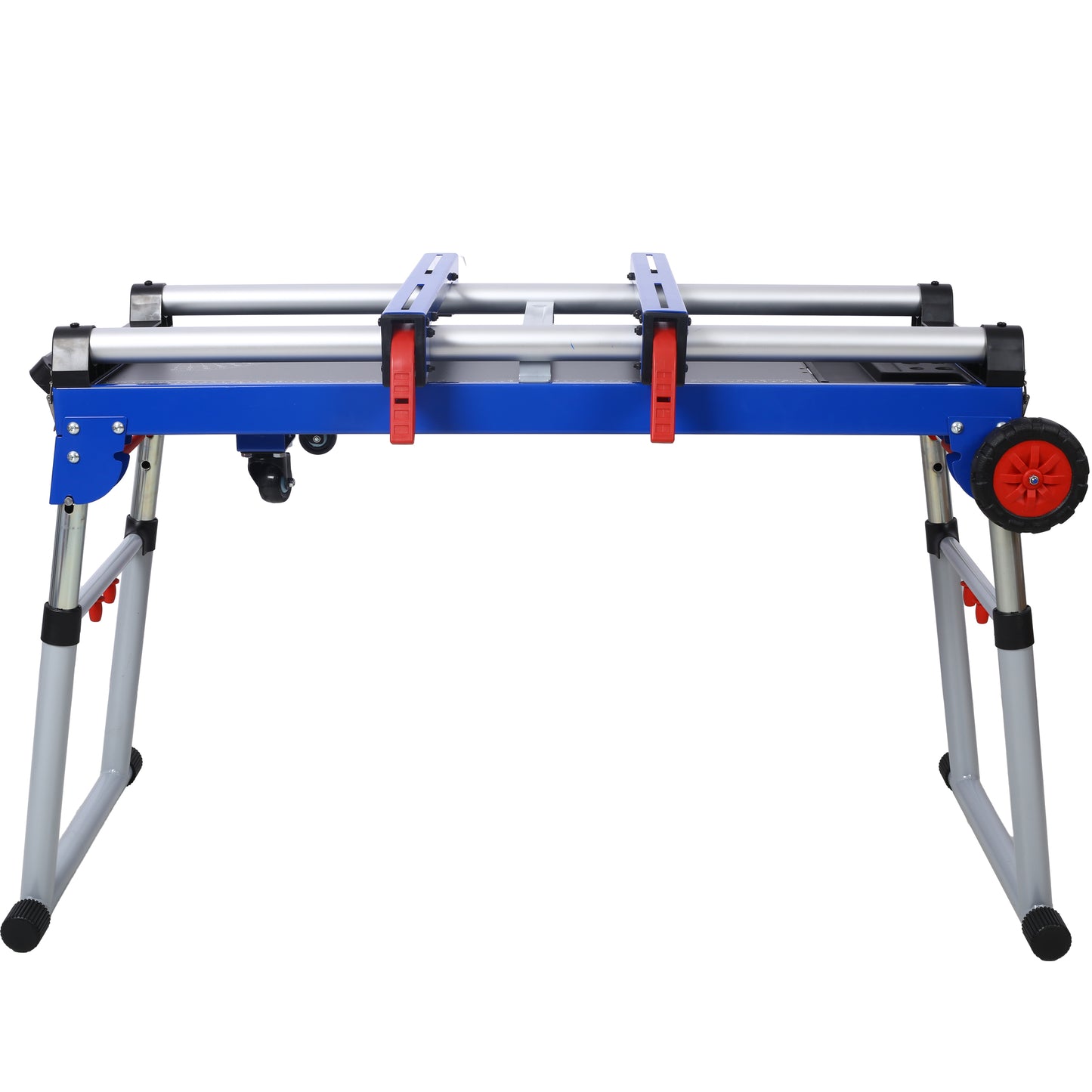 Blue metal miter saw stand with wheels for portable workshop use