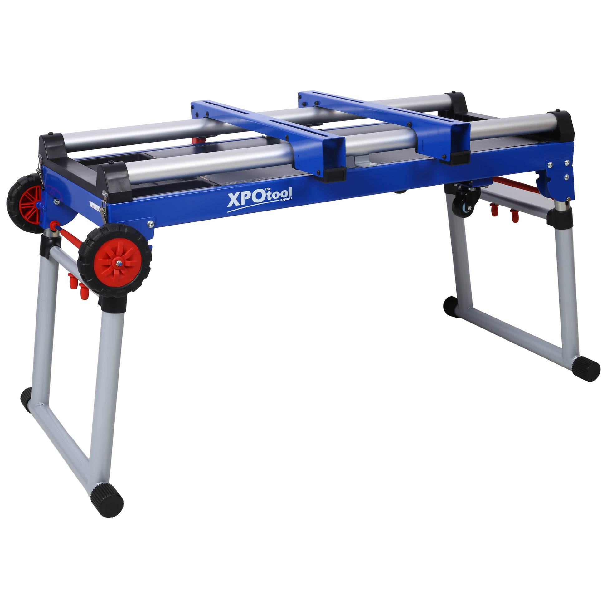 Blue folding miter saw stand with silver aluminum extension rollers and red wheels