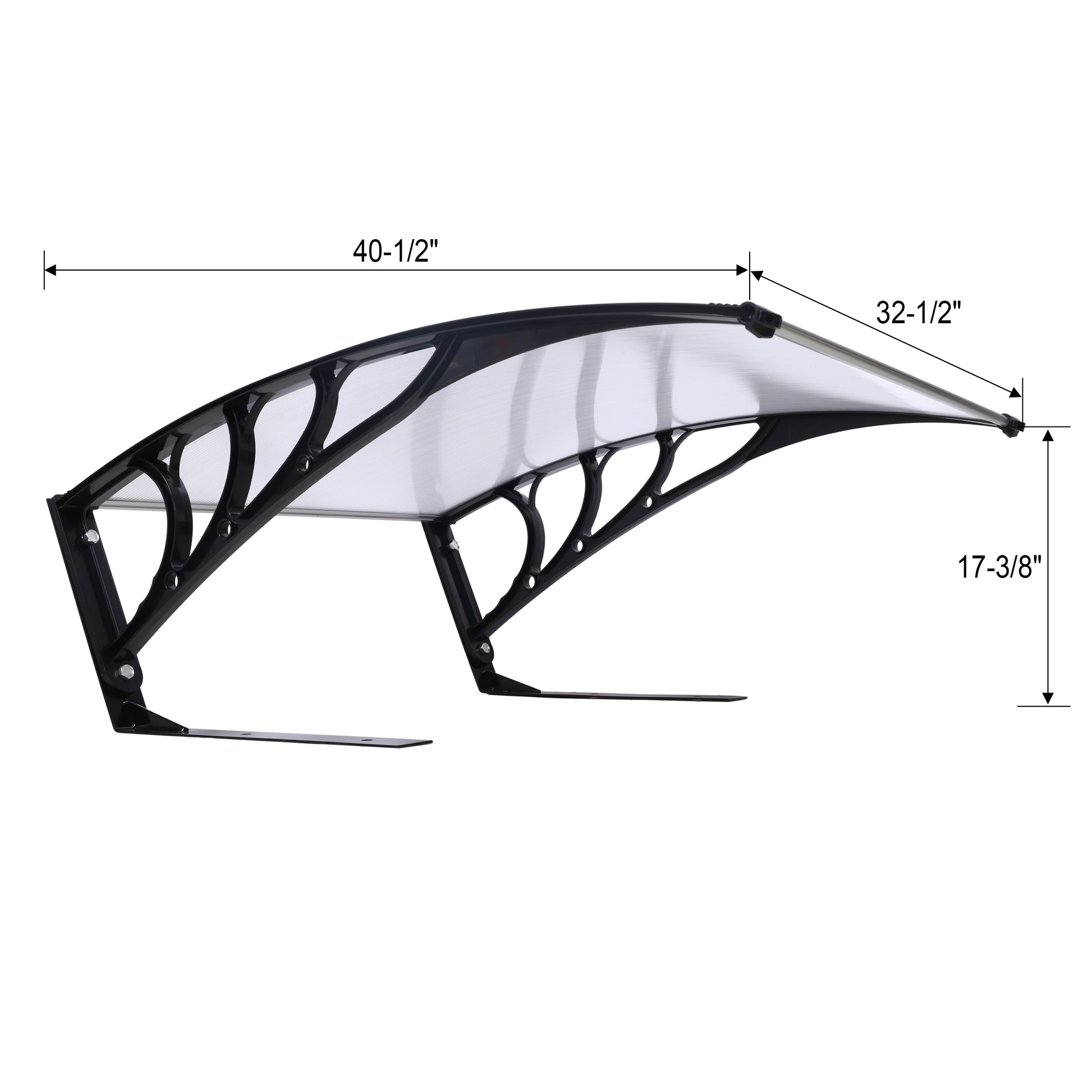 Black and clear polycarbonate door awning with bracket details  width