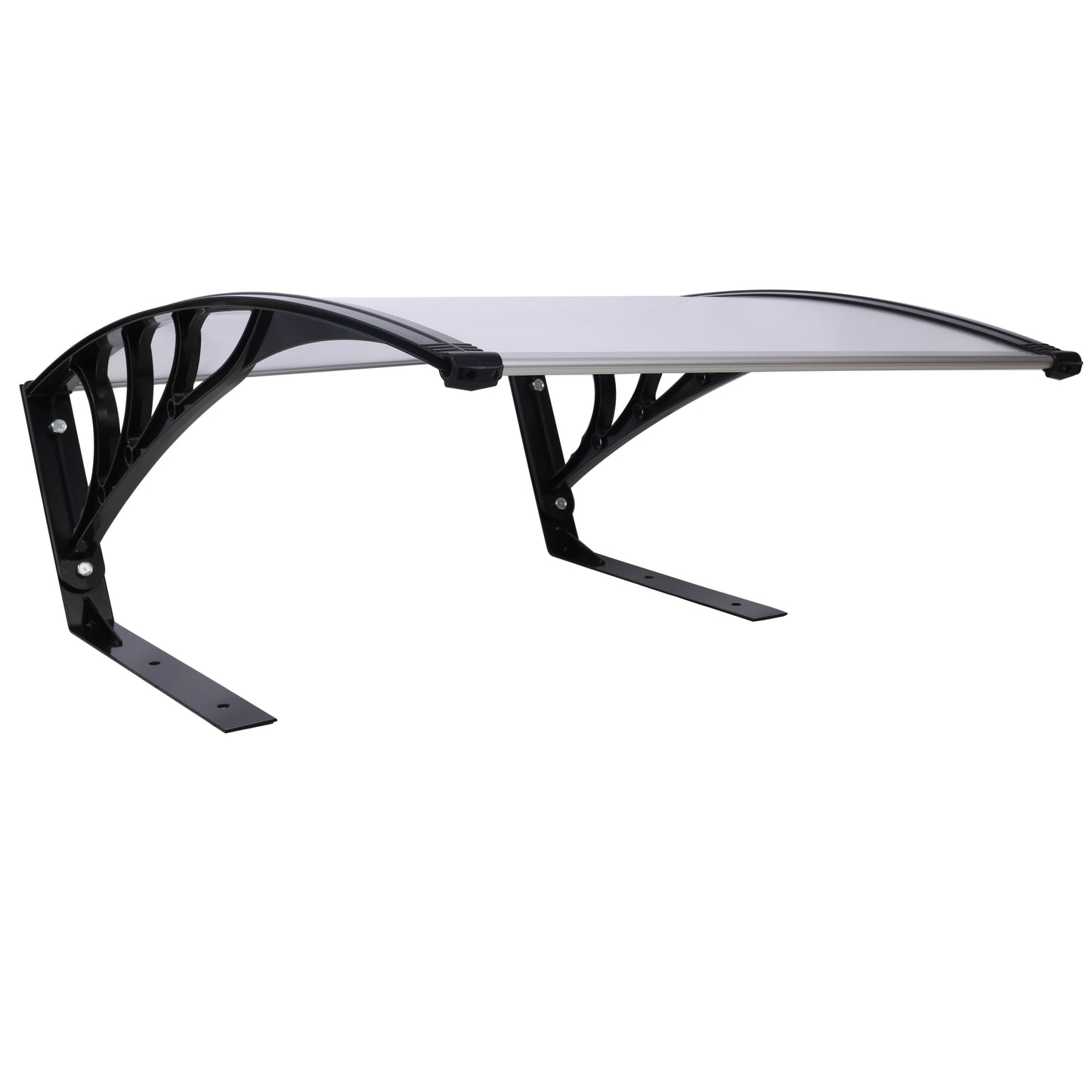 Modern black metal bracket supporting a clear polycarbonate door awning for protection