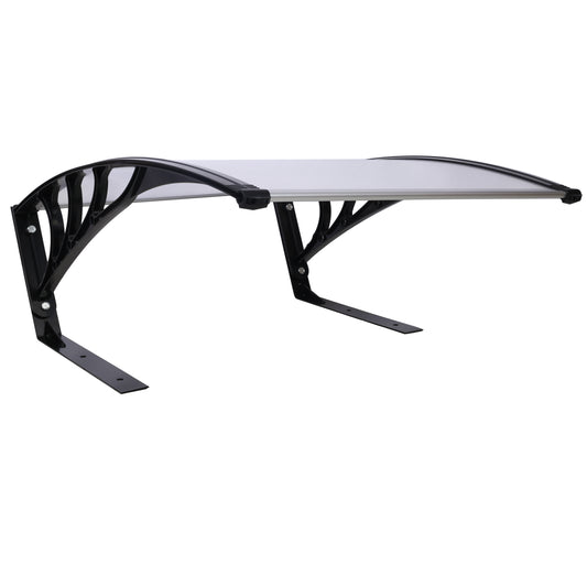 Modern black metal bracket supporting a clear polycarbonate door awning for protection