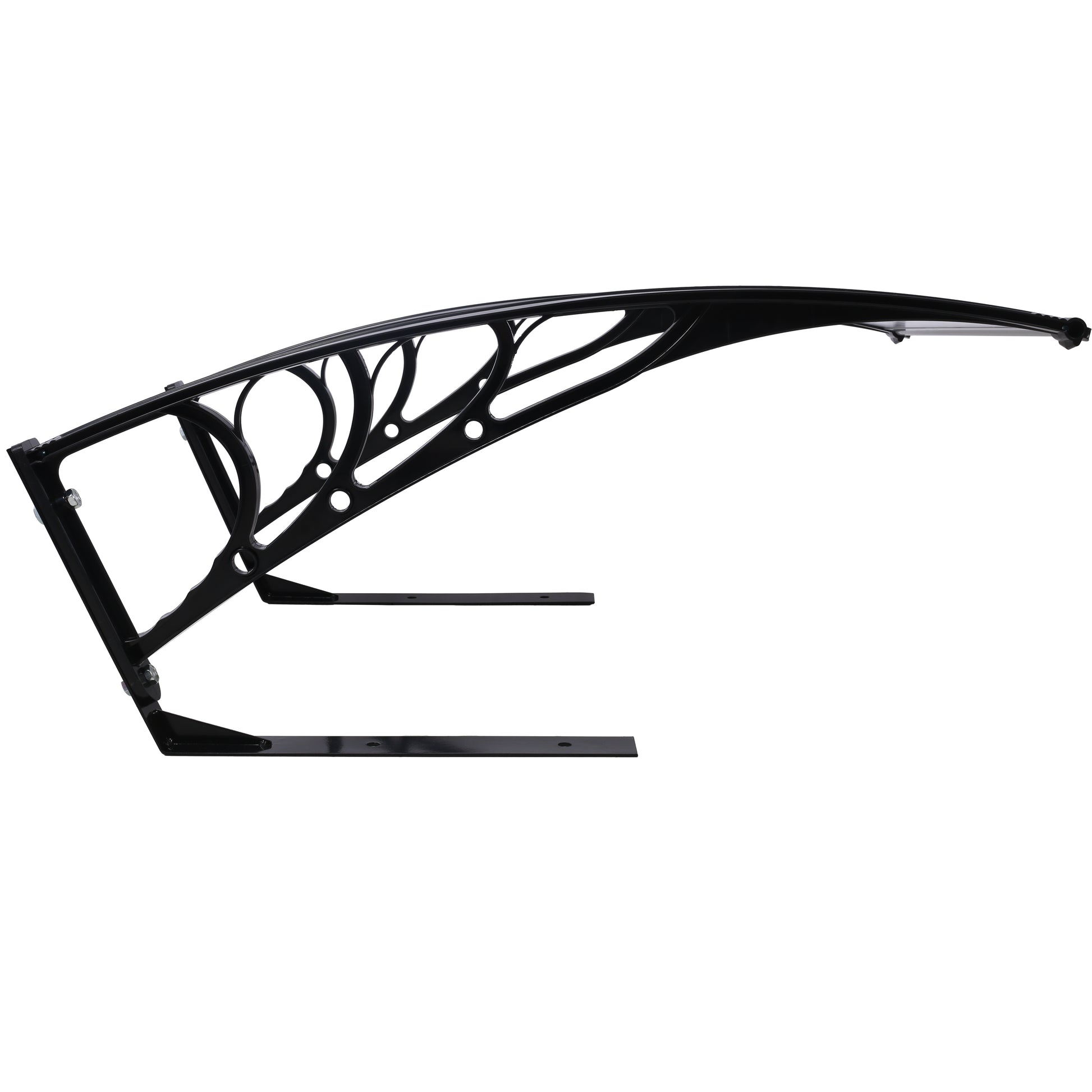 Black polycarbonate door canopy with decorative metal supports ideal for porch protection