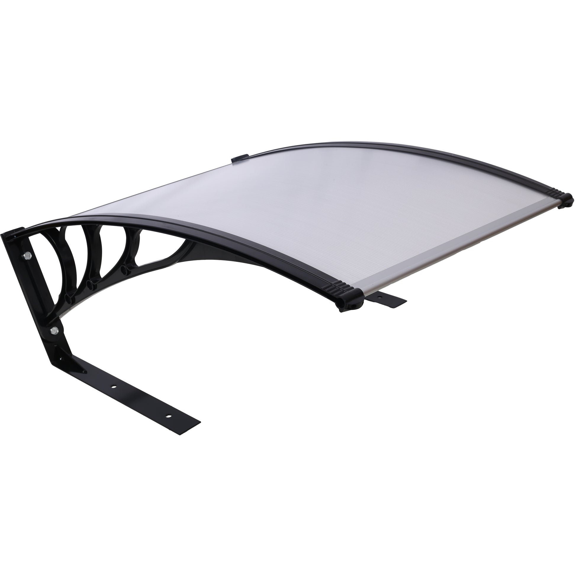 Black polycarbonate awning with curved polycarbonate roof and black metal brackets for exterior protection