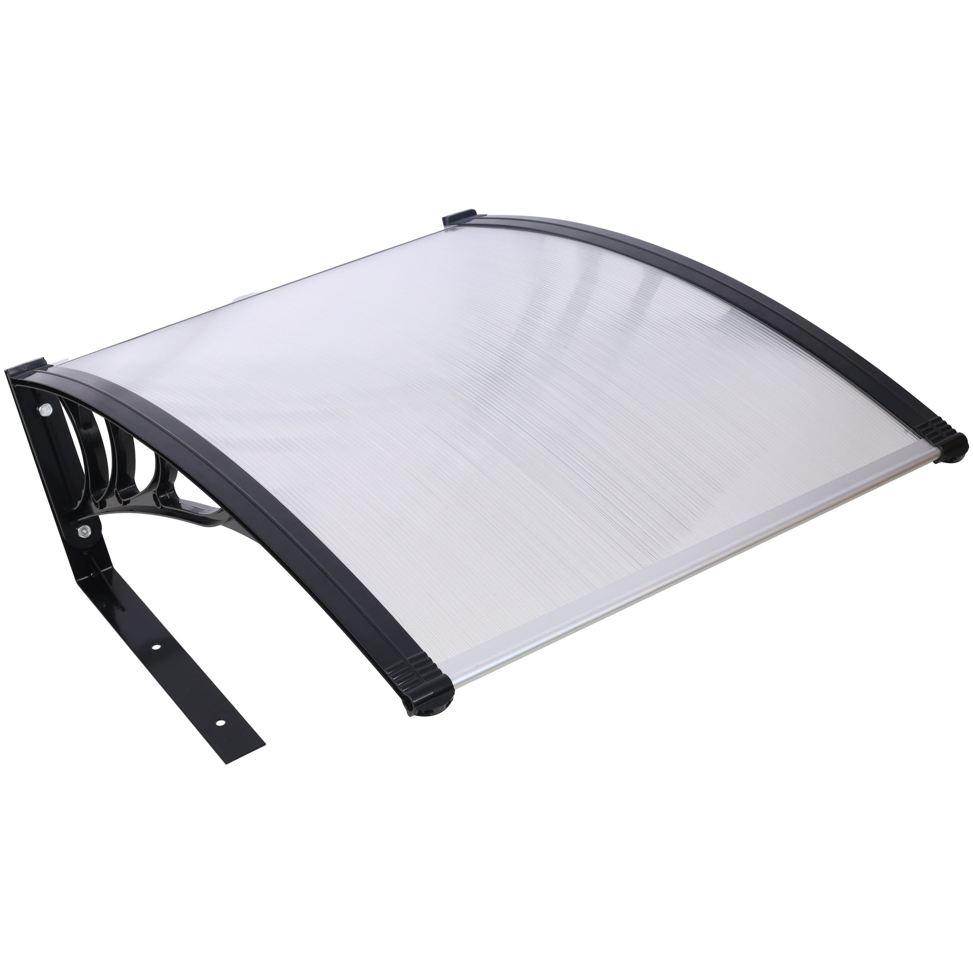 Curved polycarbonate awning with black brackets for door protection