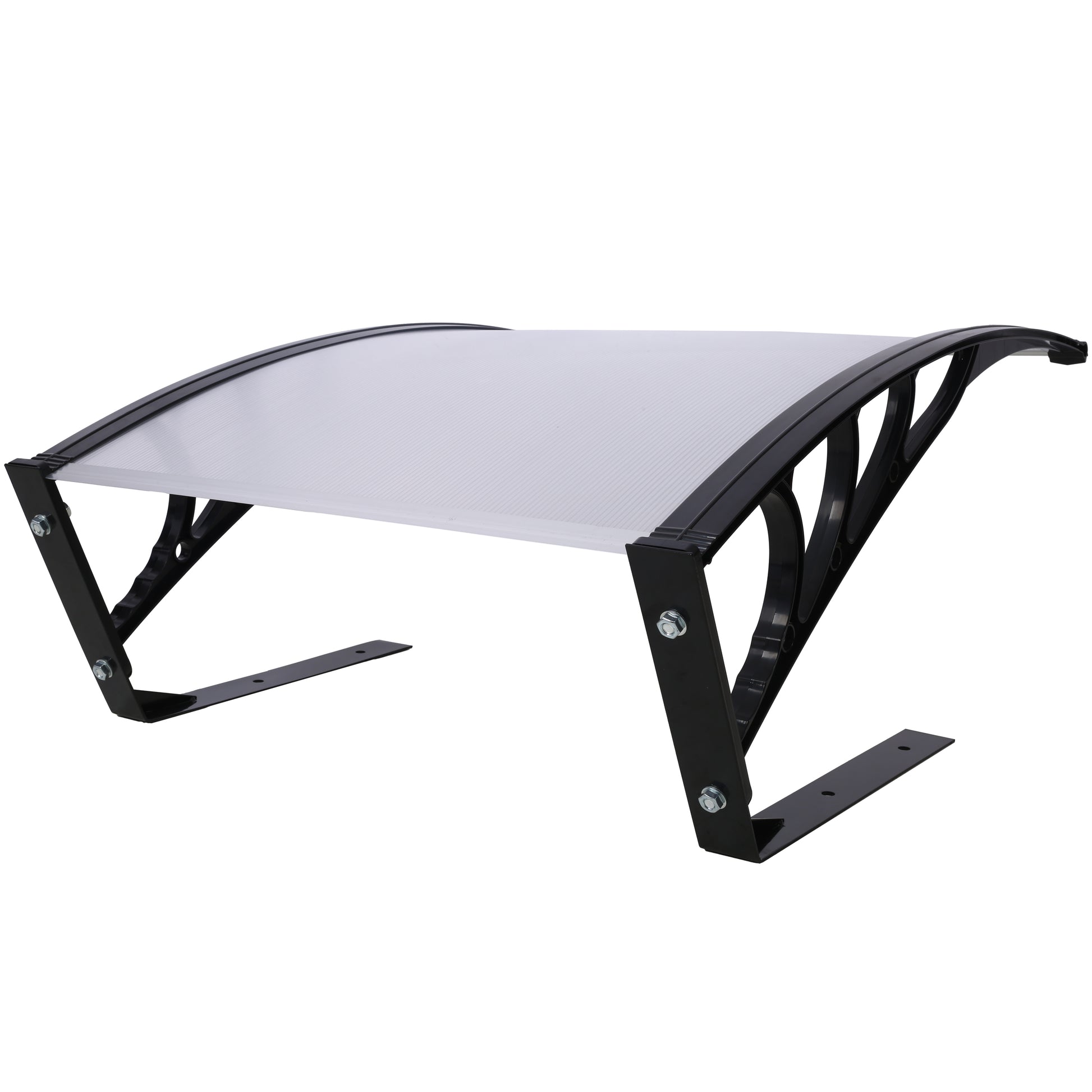Curved polycarbonate door canopy with black metal brackets offers weather protection