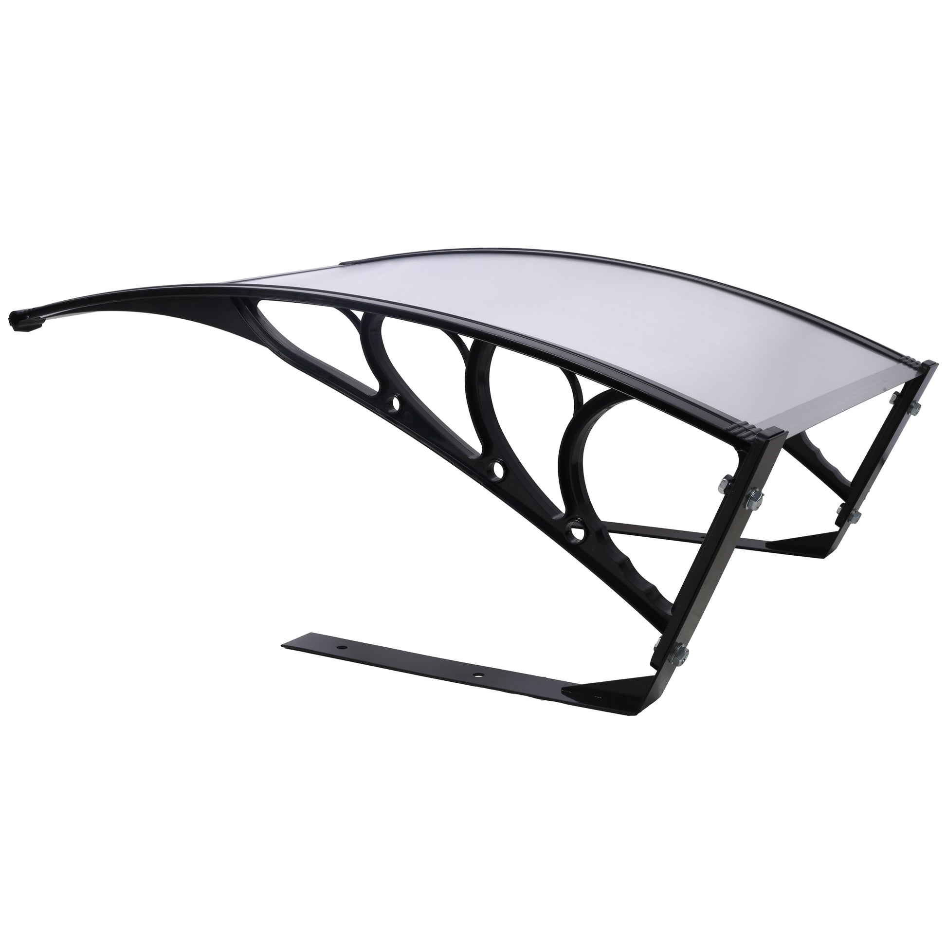 Black plastic outdoor awning with clear polycarbonate roof for weather protection
