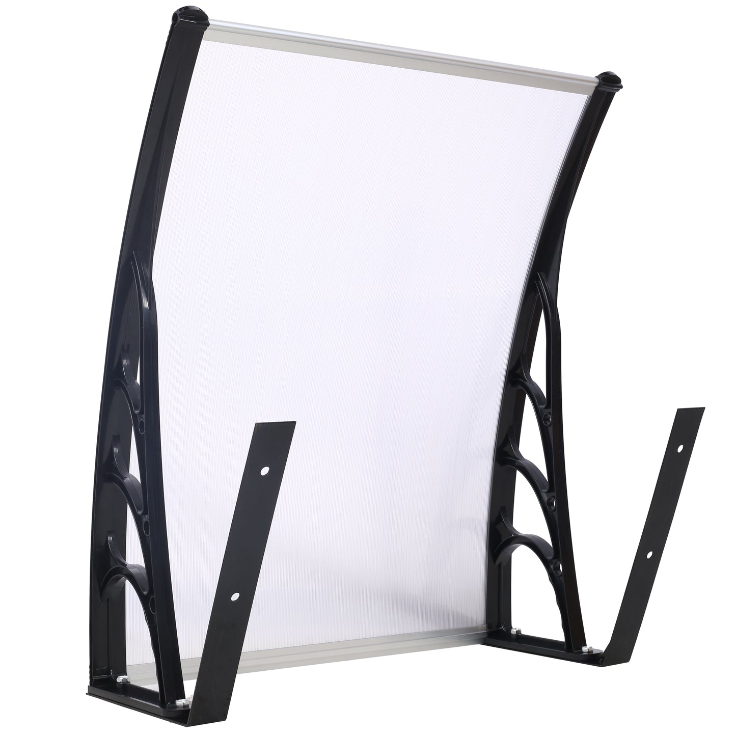 Modern black plastic door awning with clear polycarbonate canopy and aluminum trim