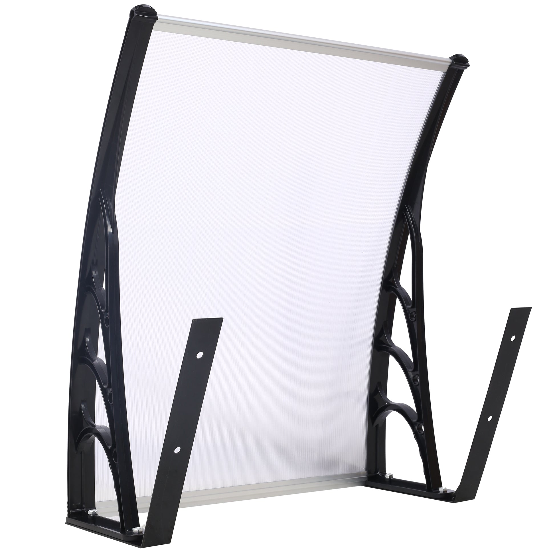 Modern black plastic door awning with clear polycarbonate canopy and aluminum trim